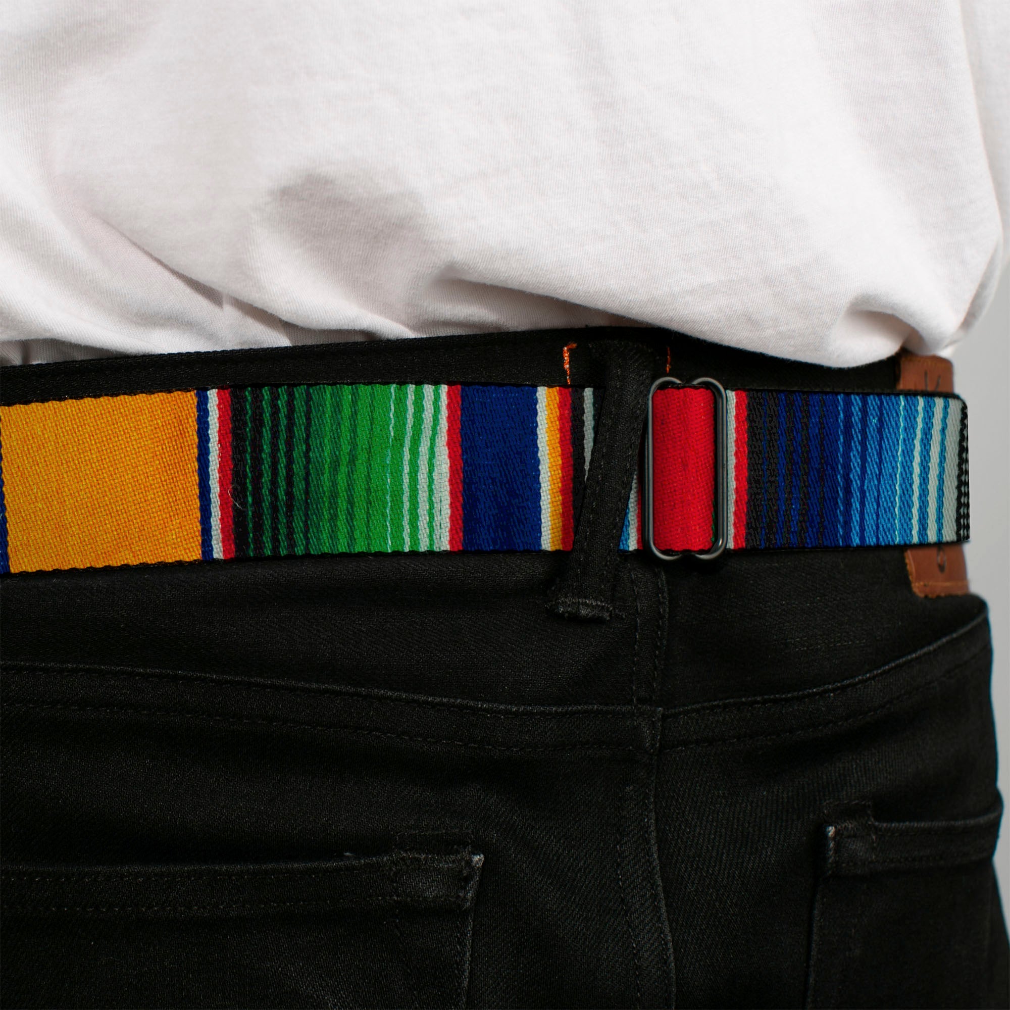 BD Wings Logo CLOSE-UP Full Color Black Silver Seatbelt Belt - Zarape2 Vertical Multi Color Stripe Webbing Seatbelt Belts Buckle-Down