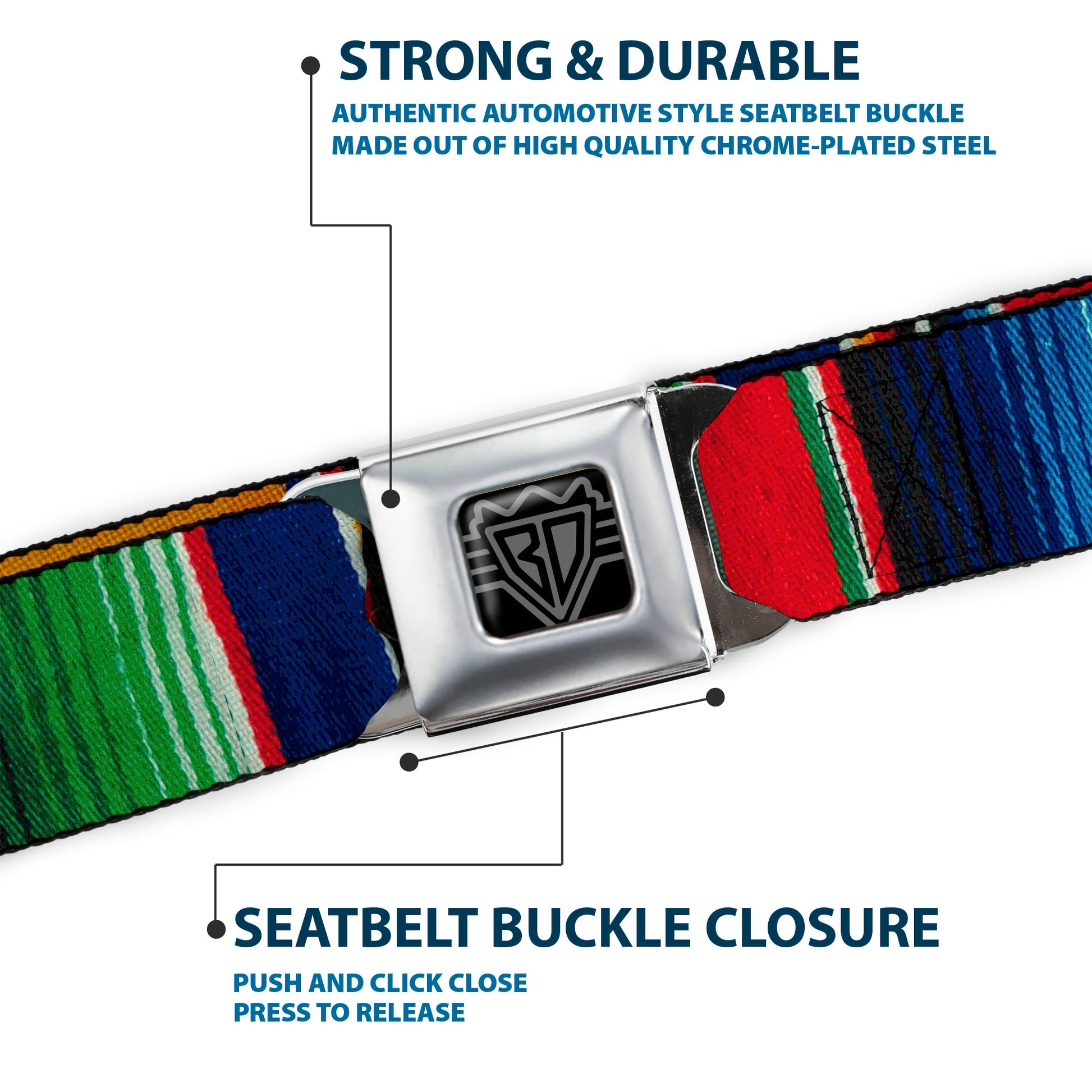 BD Wings Logo CLOSE-UP Full Color Black Silver Seatbelt Belt - Zarape2 Vertical Multi Color Stripe Webbing Seatbelt Belts Buckle-Down