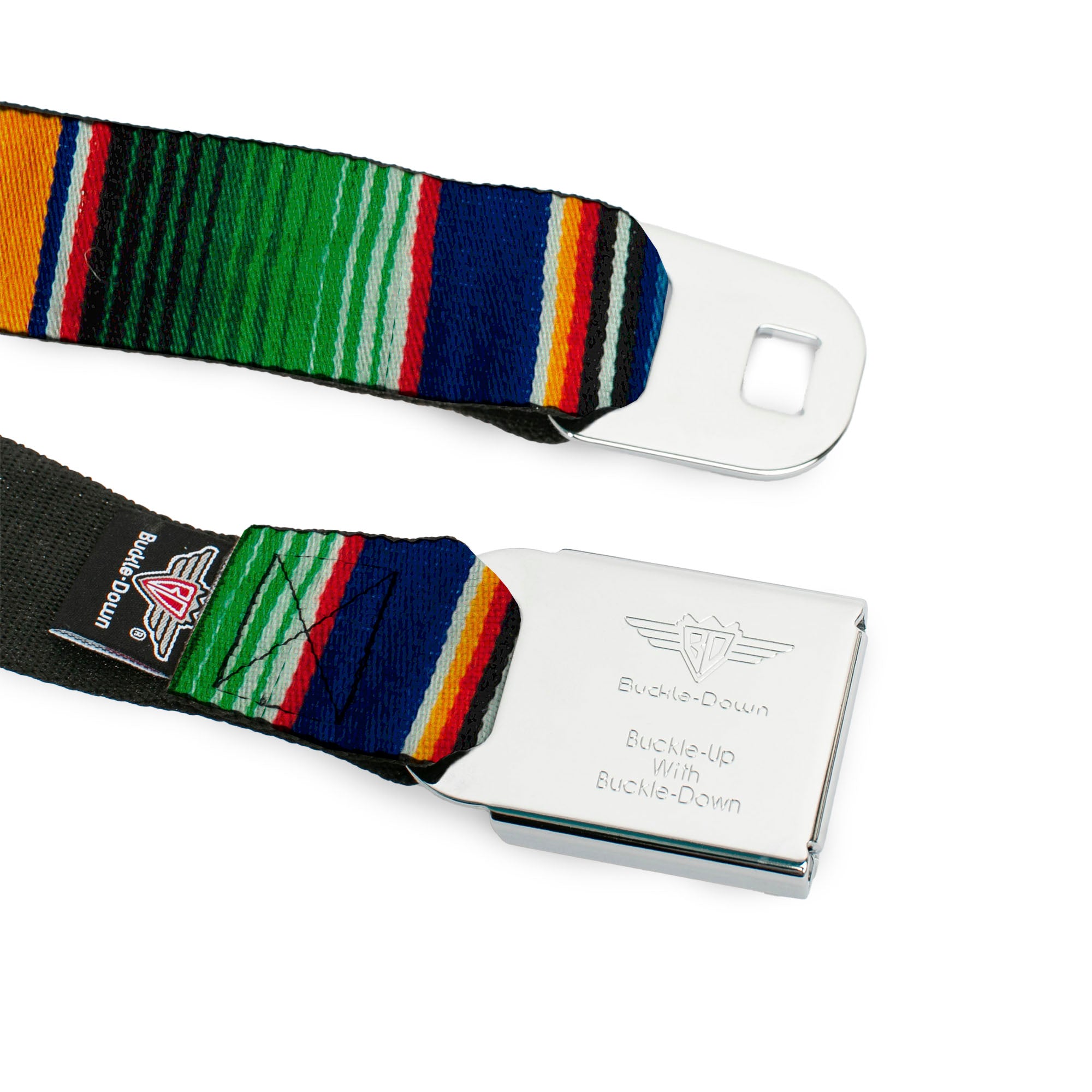 BD Wings Logo CLOSE-UP Full Color Black Silver Seatbelt Belt - Zarape2 Vertical Multi Color Stripe Webbing Seatbelt Belts Buckle-Down