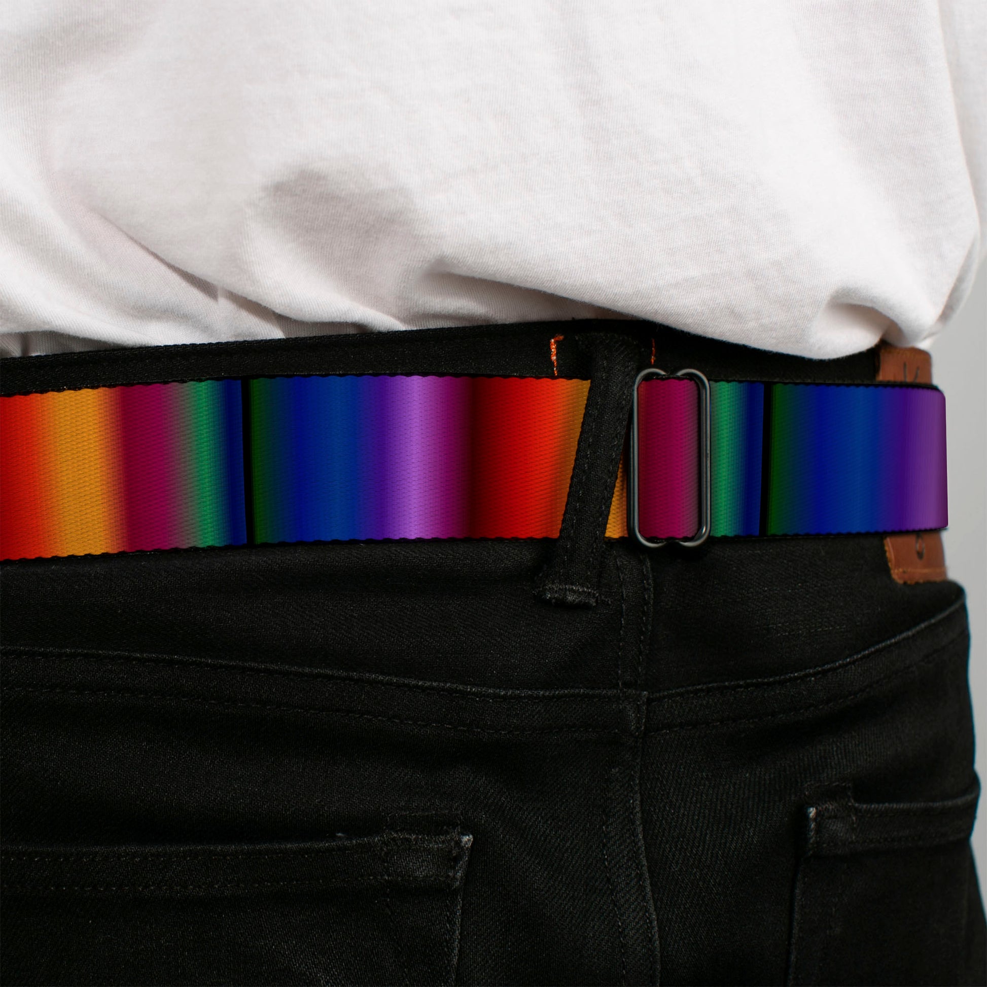 BD Wings Logo CLOSE-UP Full Color Black Silver Seatbelt Belt - Zarape3 Vertical Multi Color Fade Webbing Seatbelt Belts Buckle-Down