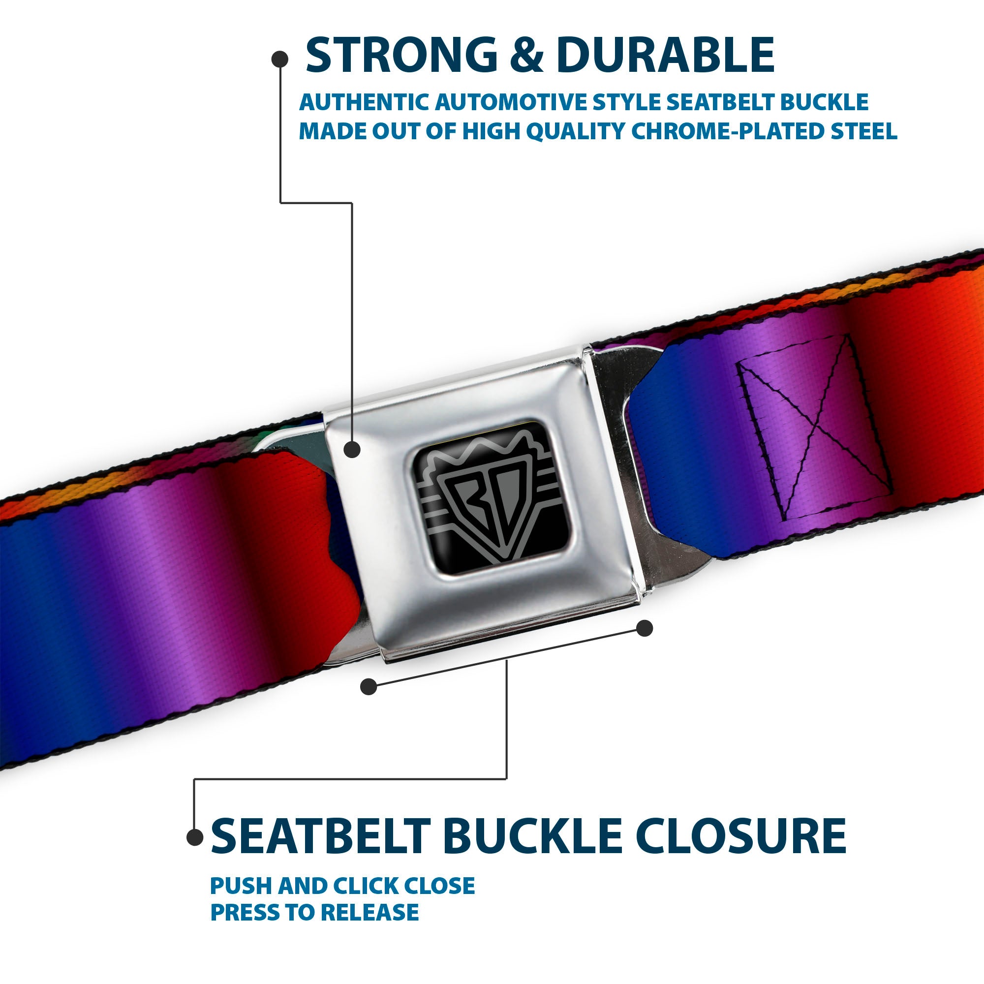 BD Wings Logo CLOSE-UP Full Color Black Silver Seatbelt Belt - Zarape3 Vertical Multi Color Fade Webbing Seatbelt Belts Buckle-Down