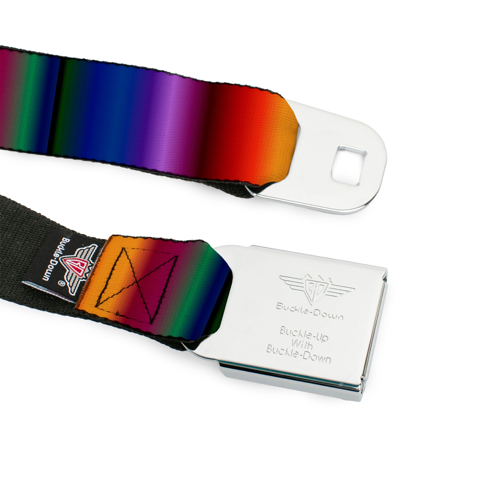BD Wings Logo CLOSE-UP Full Color Black Silver Seatbelt Belt - Zarape3 Vertical Multi Color Fade Webbing Seatbelt Belts Buckle-Down