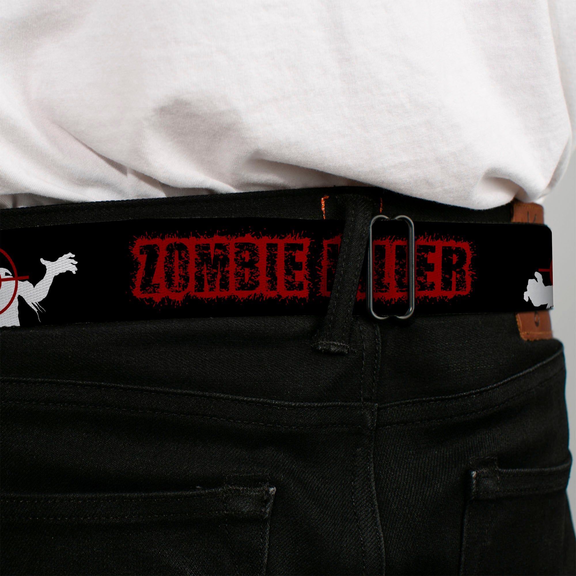 BD Wings Logo CLOSE-UP Full Color Black Silver Seatbelt Belt - ZOMBIE KILLER Zombie Target Black/White/Red Webbing Seatbelt Belts Buckle-Down