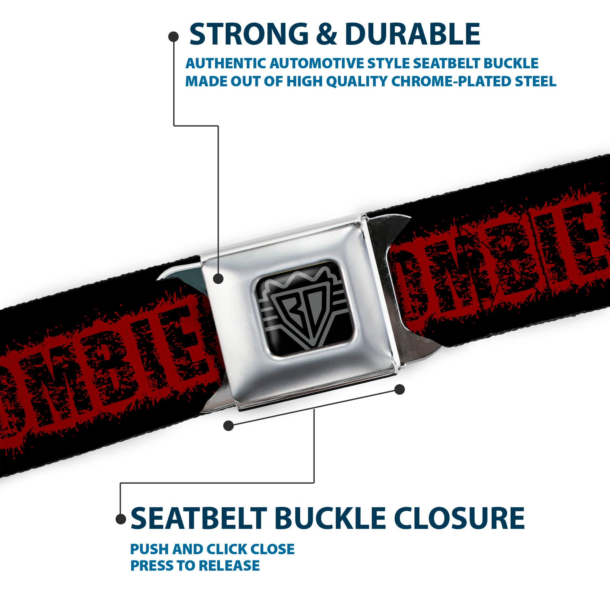 BD Wings Logo CLOSE-UP Full Color Black Silver Seatbelt Belt - ZOMBIE KILLER Zombie Target Black/White/Red Webbing Seatbelt Belts Buckle-Down