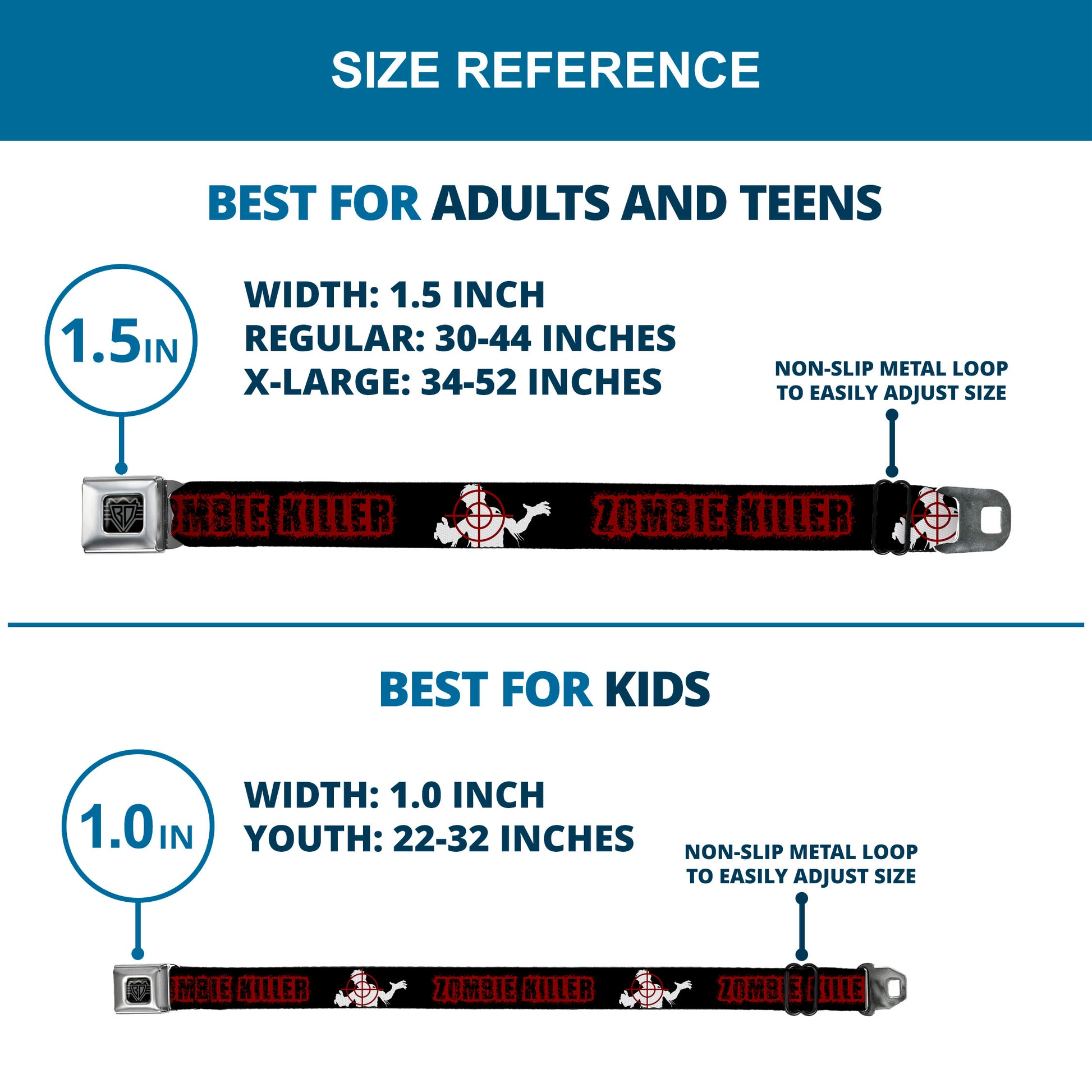 BD Wings Logo CLOSE-UP Full Color Black Silver Seatbelt Belt - ZOMBIE KILLER Zombie Target Black/White/Red Webbing Seatbelt Belts Buckle-Down