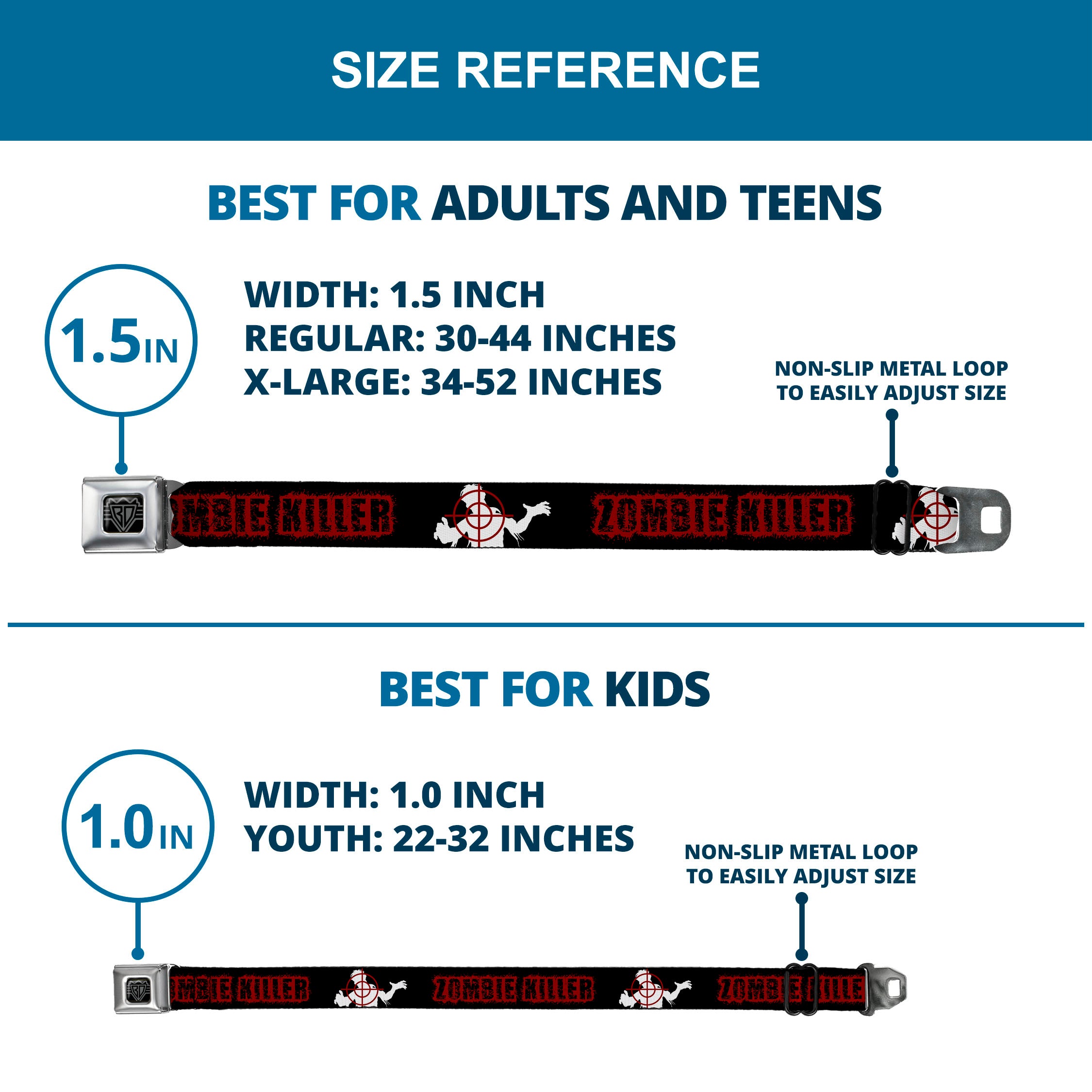 BD Wings Logo CLOSE-UP Full Color Black Silver Seatbelt Belt - ZOMBIE KILLER Zombie Target Black/White/Red Webbing Seatbelt Belts Buckle-Down