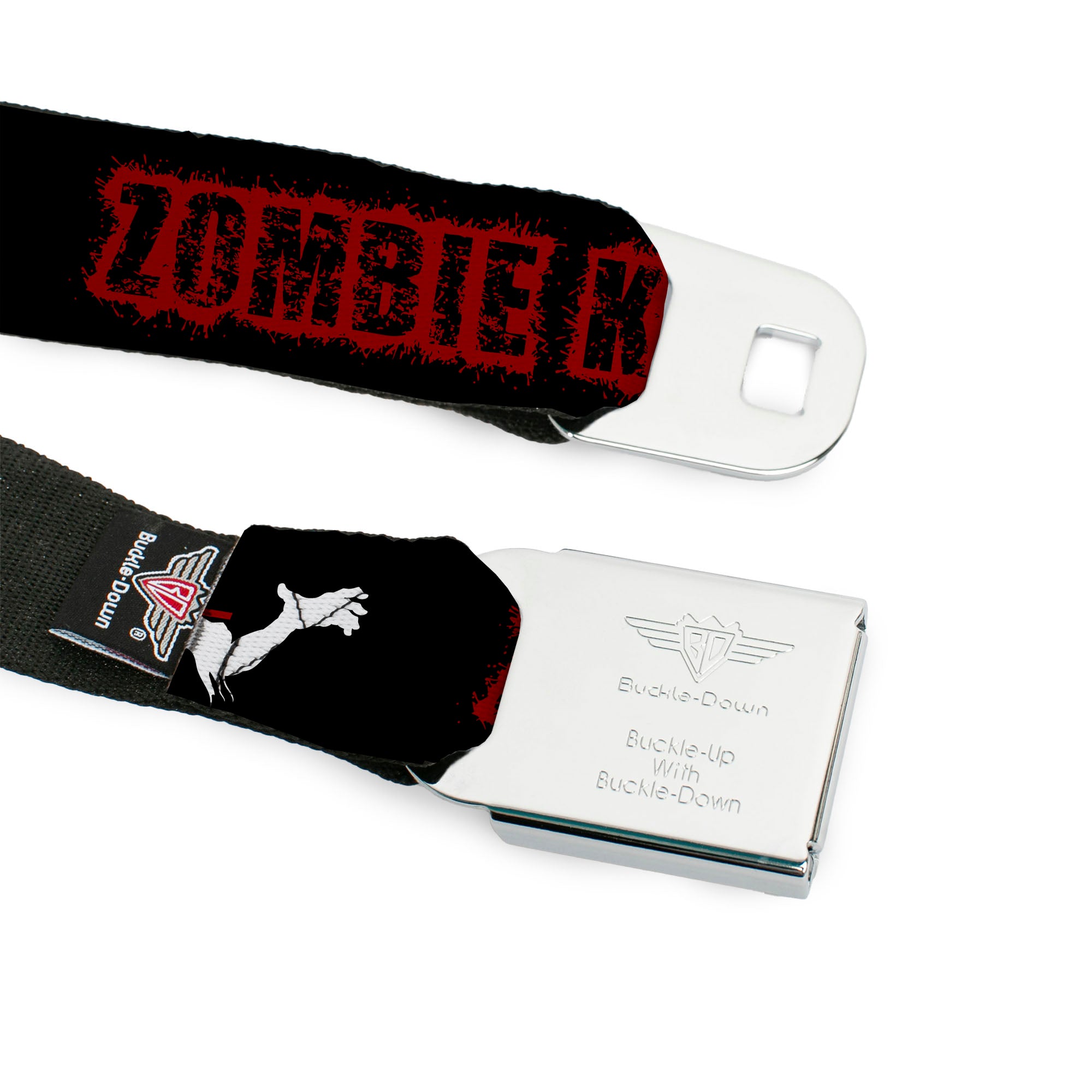 BD Wings Logo CLOSE-UP Full Color Black Silver Seatbelt Belt - ZOMBIE KILLER Zombie Target Black/White/Red Webbing Seatbelt Belts Buckle-Down
