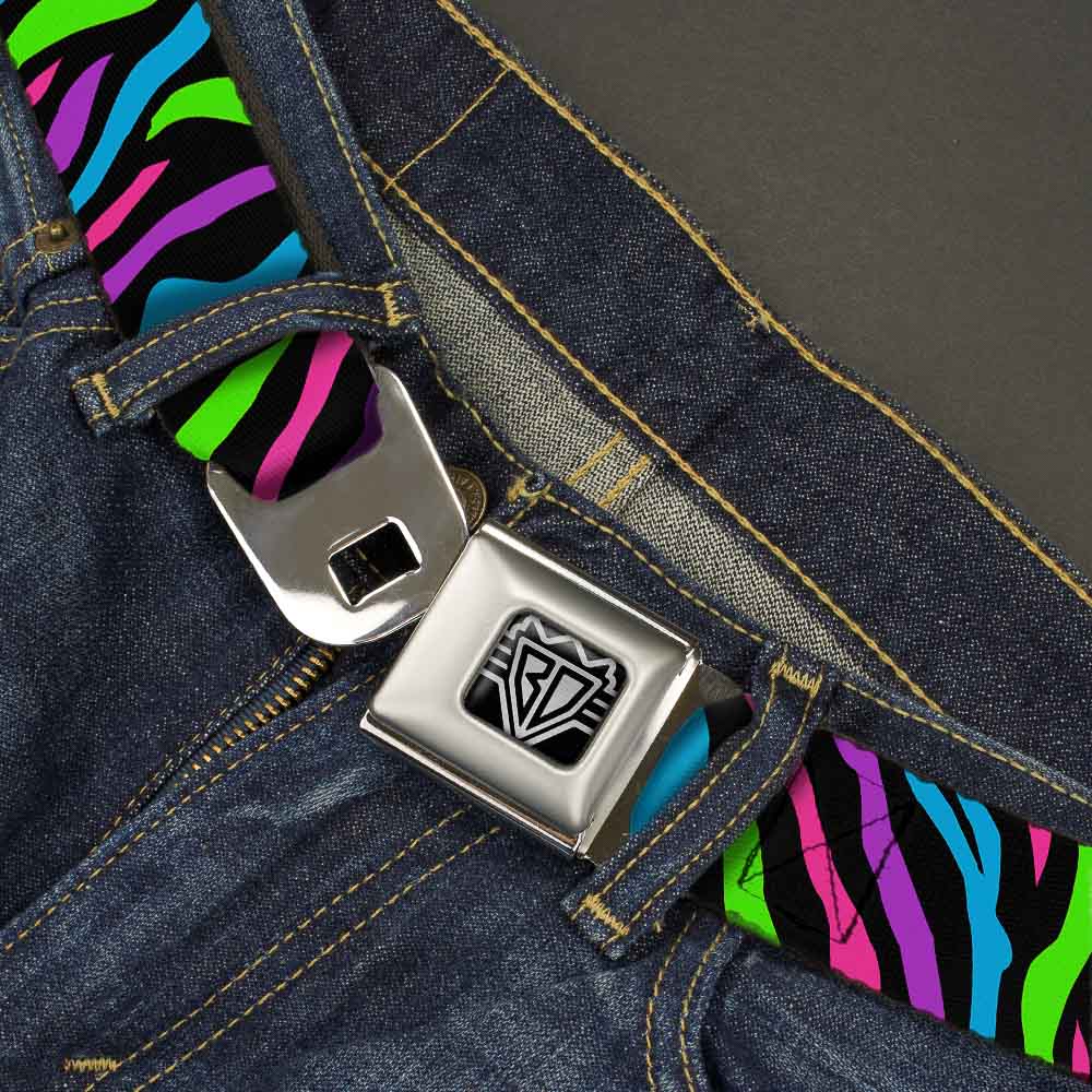 BD Wings Logo CLOSE-UP Full Color Black Silver Seatbelt Belt - Zebra Black/Blue/Green/Pink/Purple Webbing Seatbelt Belts Buckle-Down