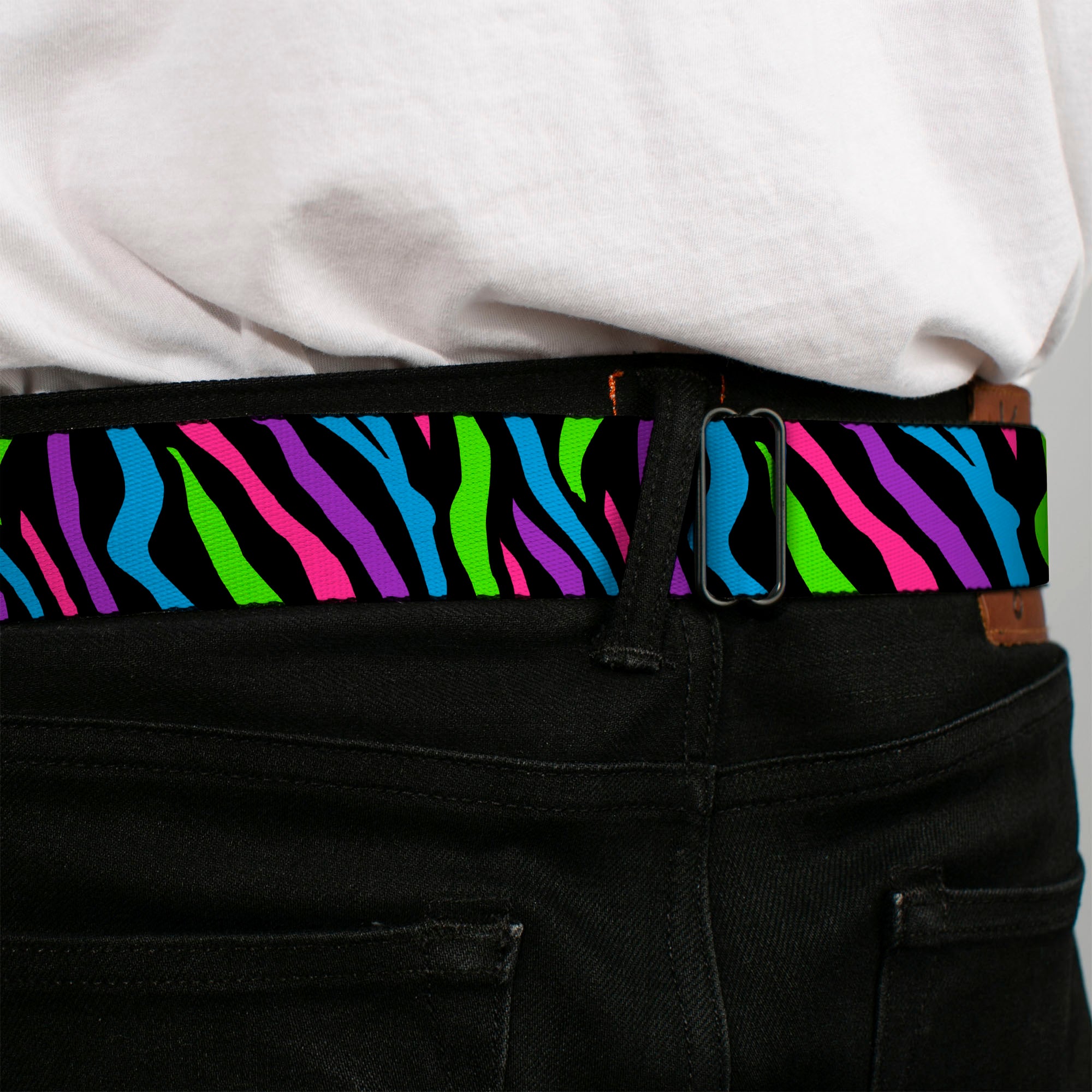 BD Wings Logo CLOSE-UP Full Color Black Silver Seatbelt Belt - Zebra Black/Blue/Green/Pink/Purple Webbing Seatbelt Belts Buckle-Down