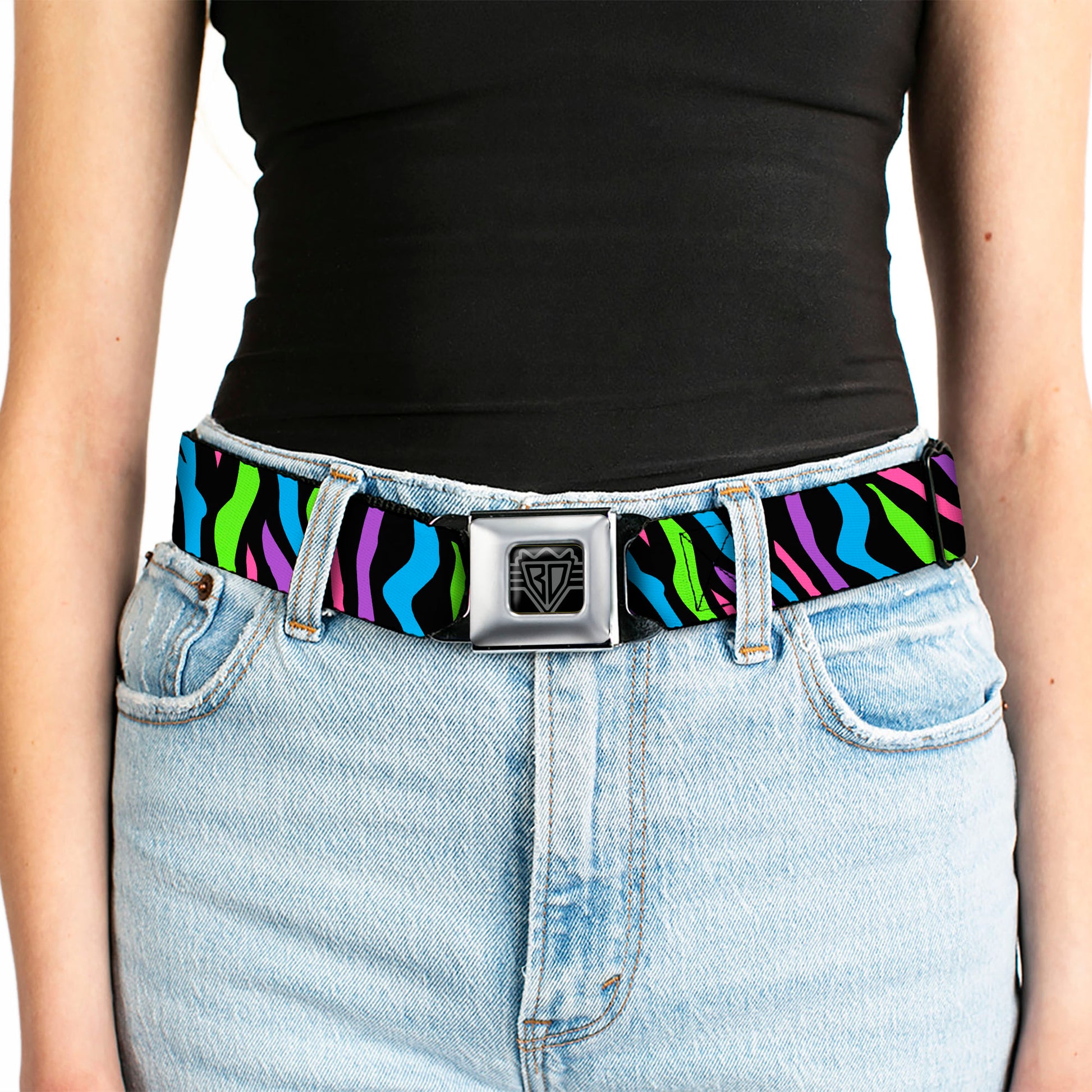 BD Wings Logo CLOSE-UP Full Color Black Silver Seatbelt Belt - Zebra Black/Blue/Green/Pink/Purple Webbing Seatbelt Belts Buckle-Down