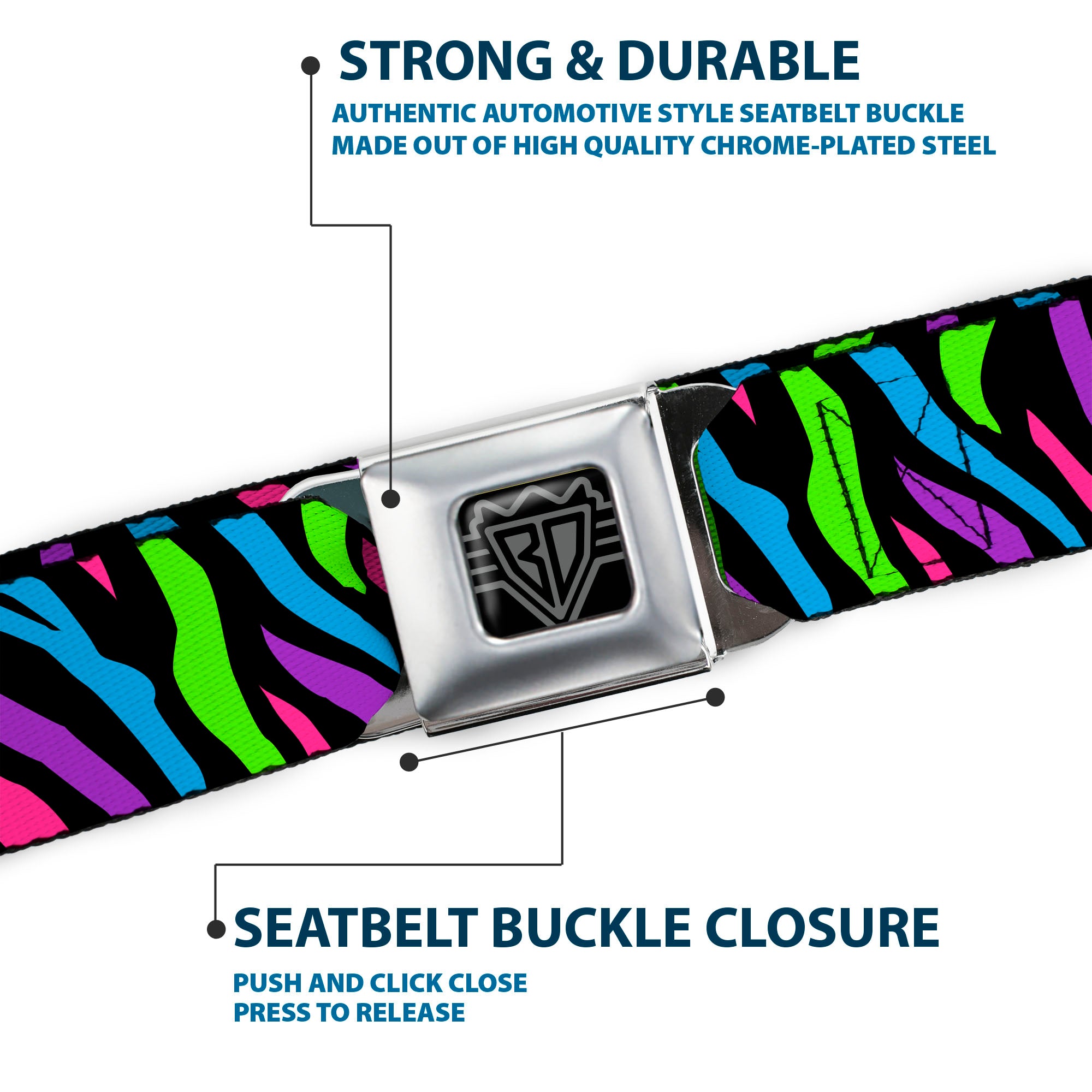 BD Wings Logo CLOSE-UP Full Color Black Silver Seatbelt Belt - Zebra Black/Blue/Green/Pink/Purple Webbing Seatbelt Belts Buckle-Down