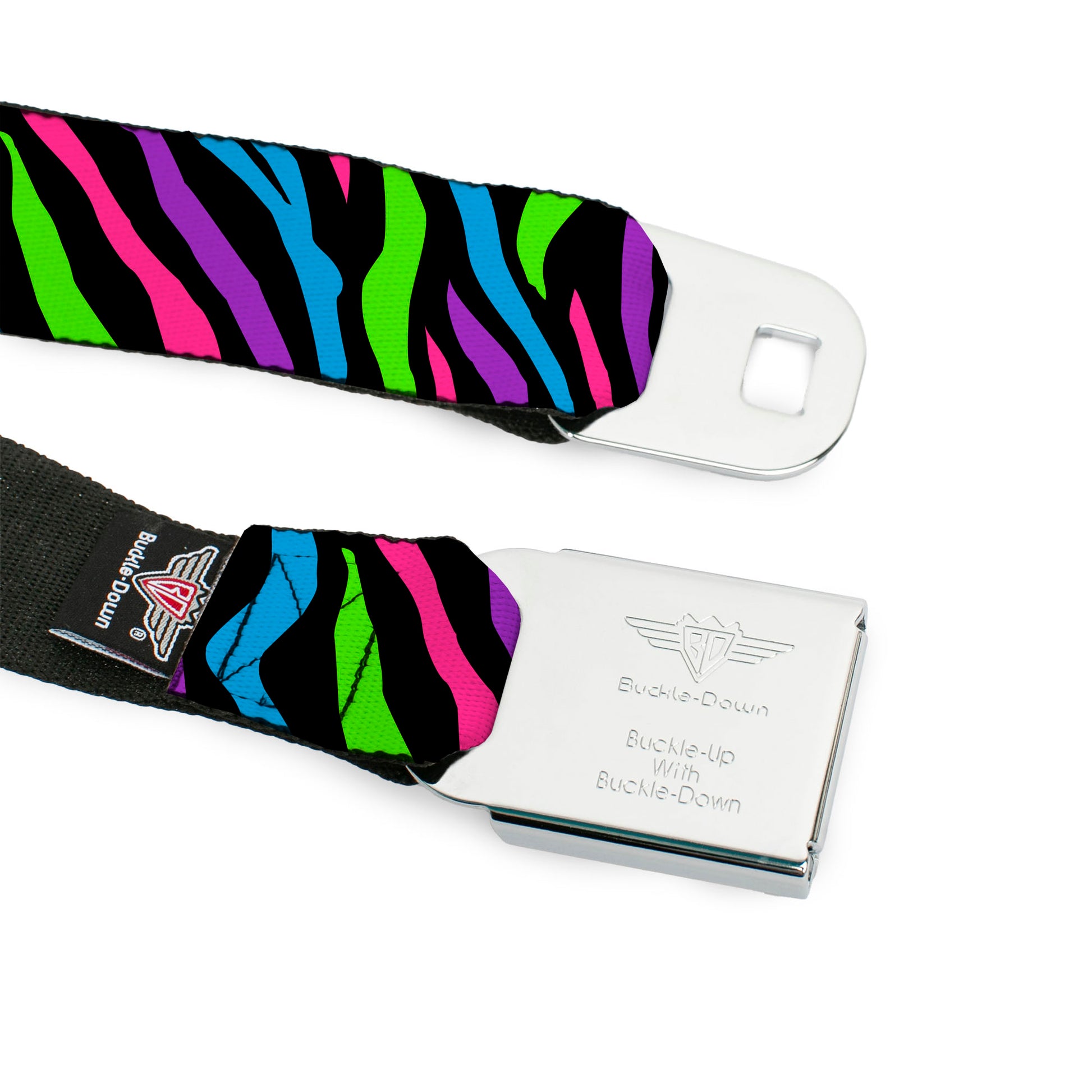 BD Wings Logo CLOSE-UP Full Color Black Silver Seatbelt Belt - Zebra Black/Blue/Green/Pink/Purple Webbing Seatbelt Belts Buckle-Down