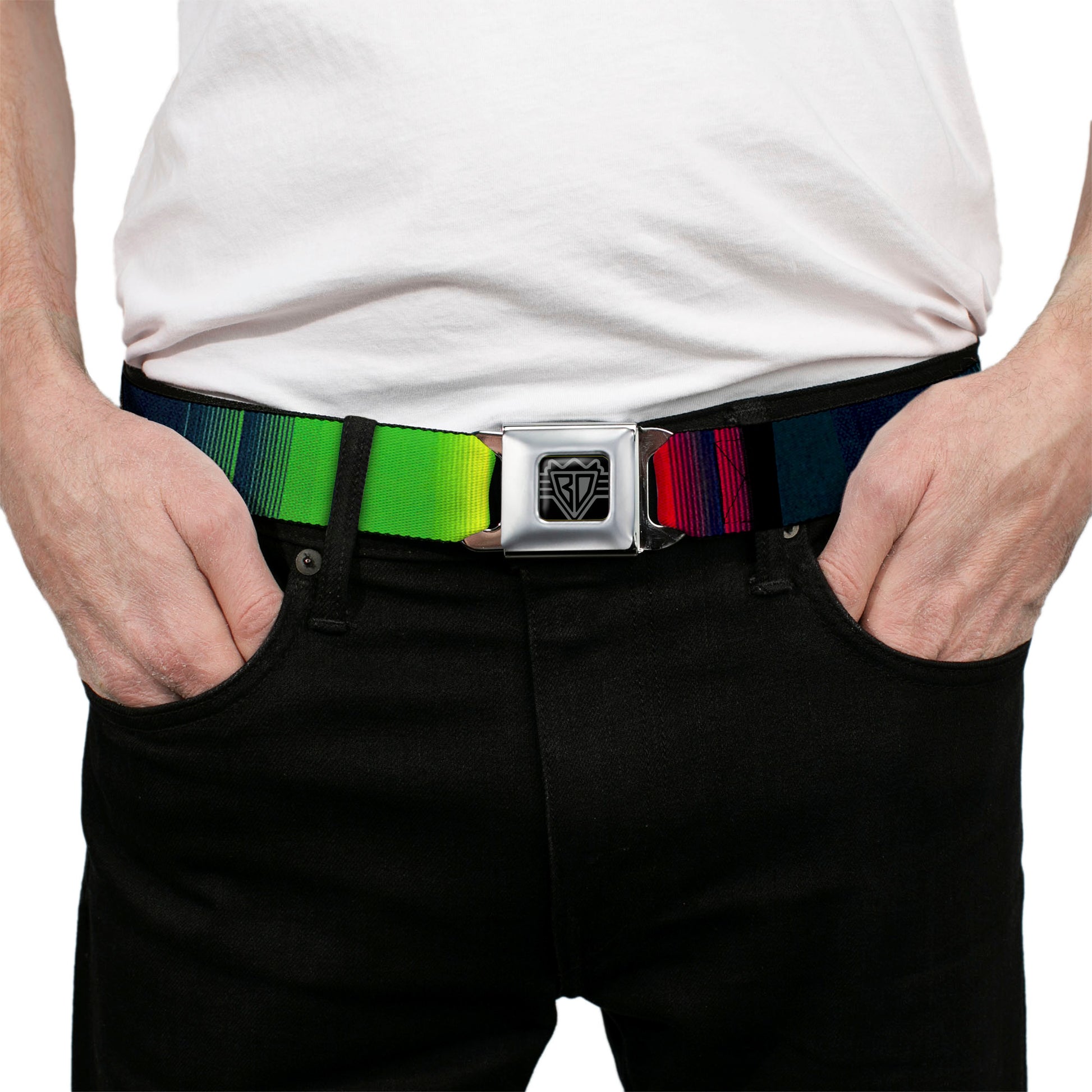 BD Wings Logo CLOSE-UP Full Color Black Silver Seatbelt Belt - Zarape4 Vertical Rasta Webbing Seatbelt Belts Buckle-Down