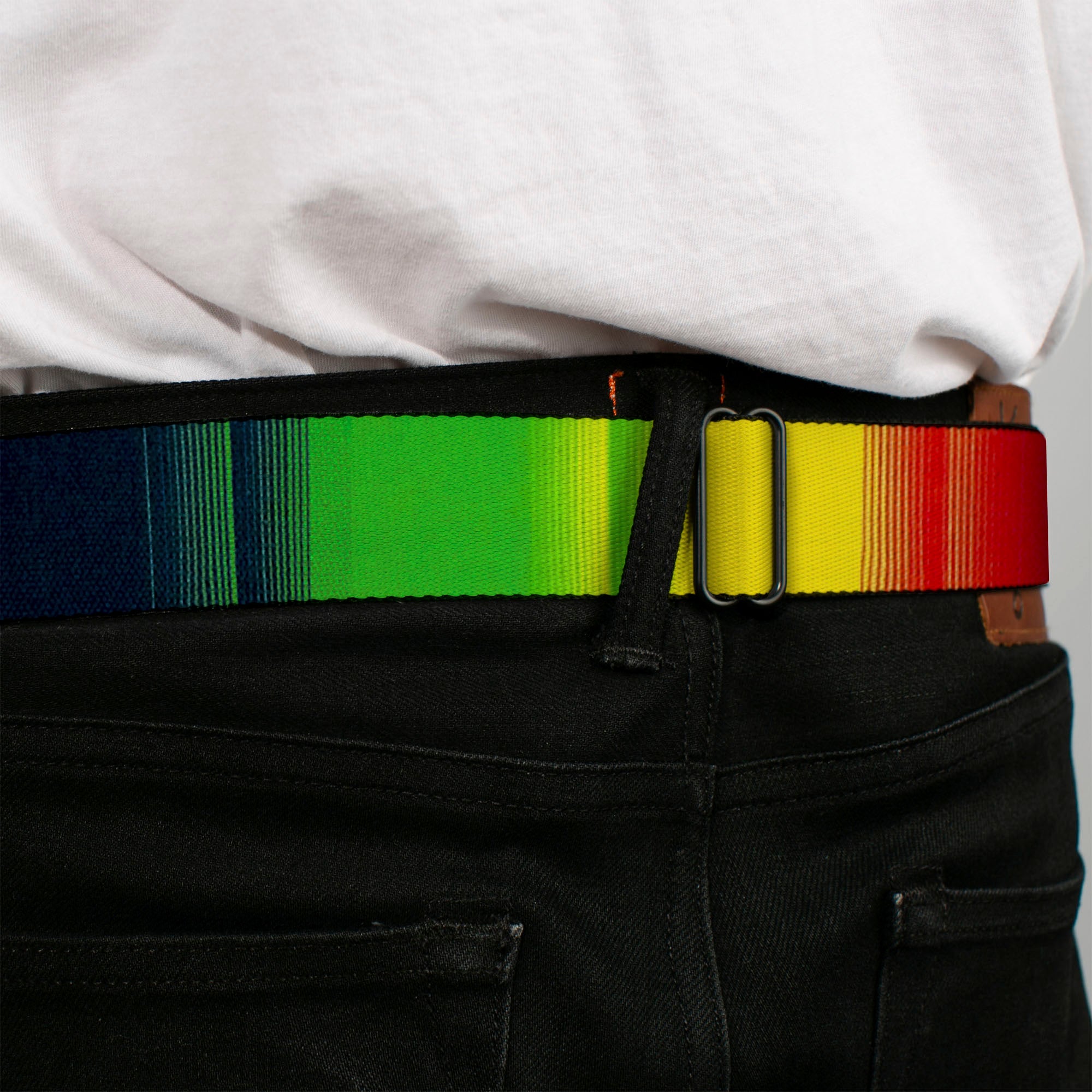 BD Wings Logo CLOSE-UP Full Color Black Silver Seatbelt Belt - Zarape4 Vertical Rasta Webbing Seatbelt Belts Buckle-Down