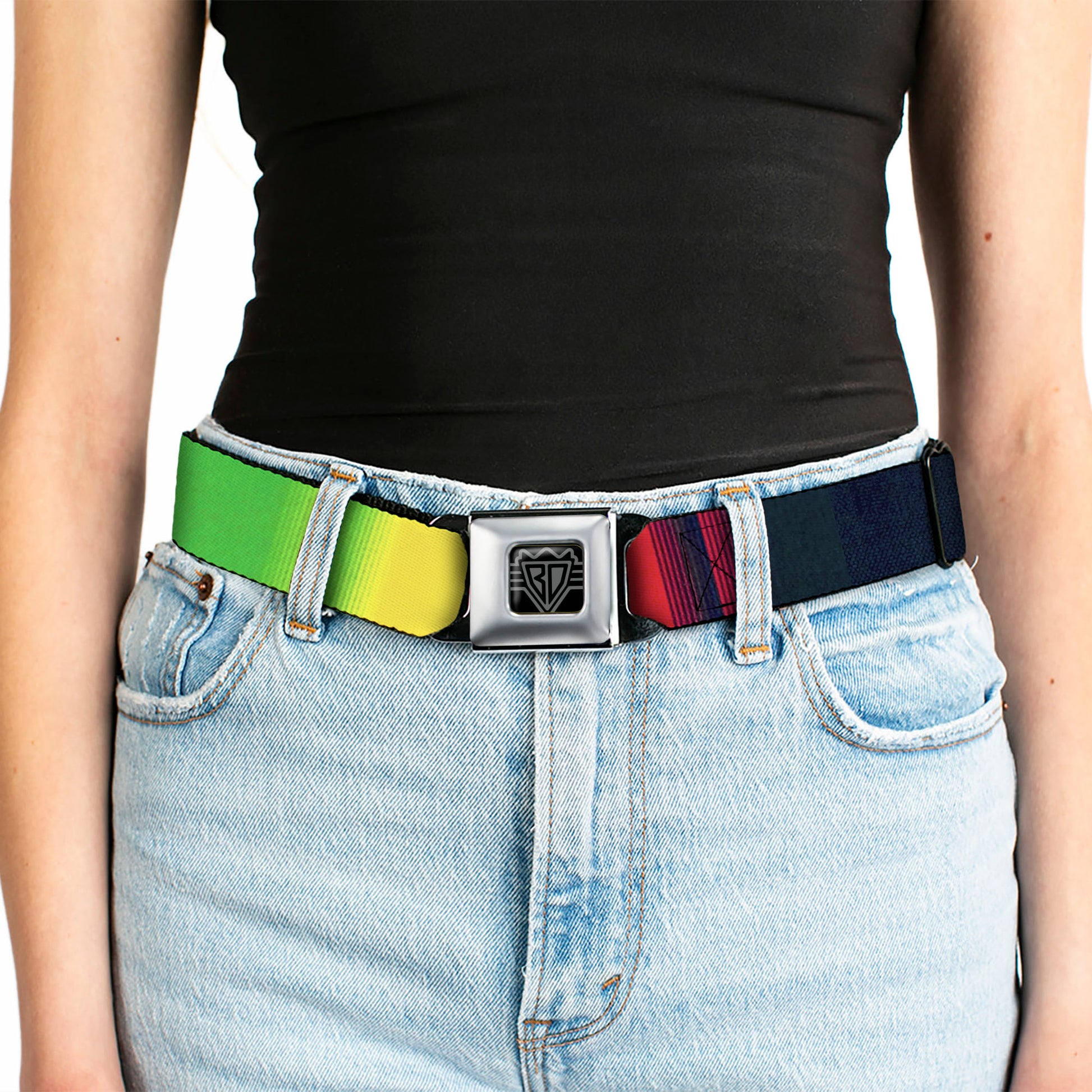 BD Wings Logo CLOSE-UP Full Color Black Silver Seatbelt Belt - Zarape4 Vertical Rasta Webbing Seatbelt Belts Buckle-Down