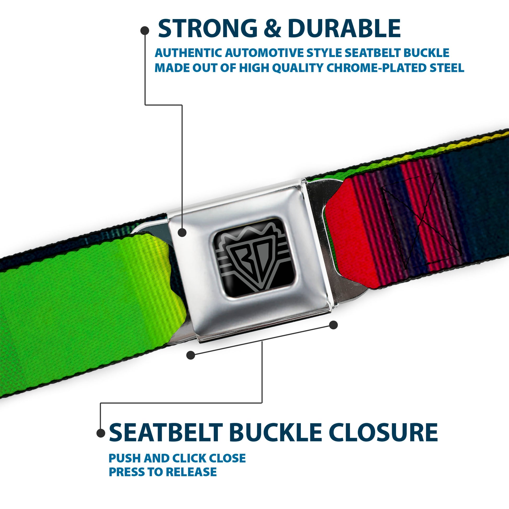 BD Wings Logo CLOSE-UP Full Color Black Silver Seatbelt Belt - Zarape4 Vertical Rasta Webbing Seatbelt Belts Buckle-Down
