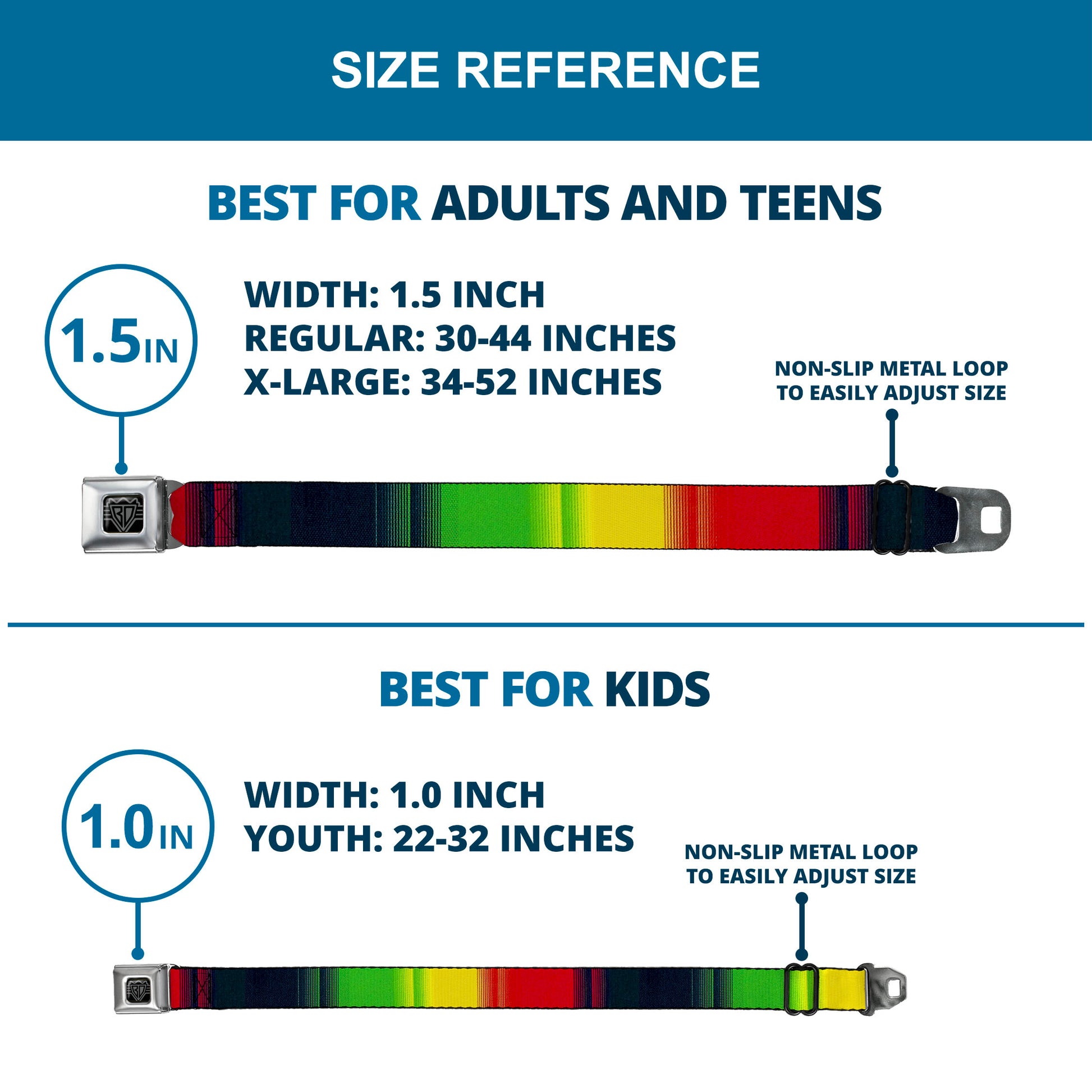 BD Wings Logo CLOSE-UP Full Color Black Silver Seatbelt Belt - Zarape4 Vertical Rasta Webbing Seatbelt Belts Buckle-Down