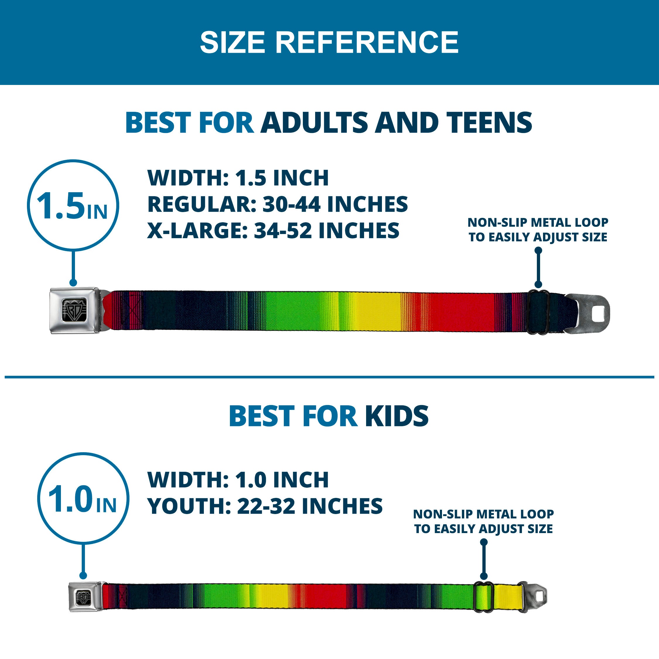 BD Wings Logo CLOSE-UP Full Color Black Silver Seatbelt Belt - Zarape4 Vertical Rasta Webbing Seatbelt Belts Buckle-Down