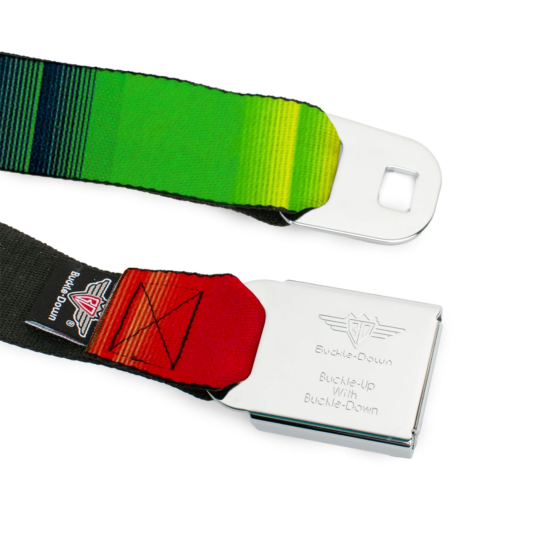 BD Wings Logo CLOSE-UP Full Color Black Silver Seatbelt Belt - Zarape4 Vertical Rasta Webbing Seatbelt Belts Buckle-Down