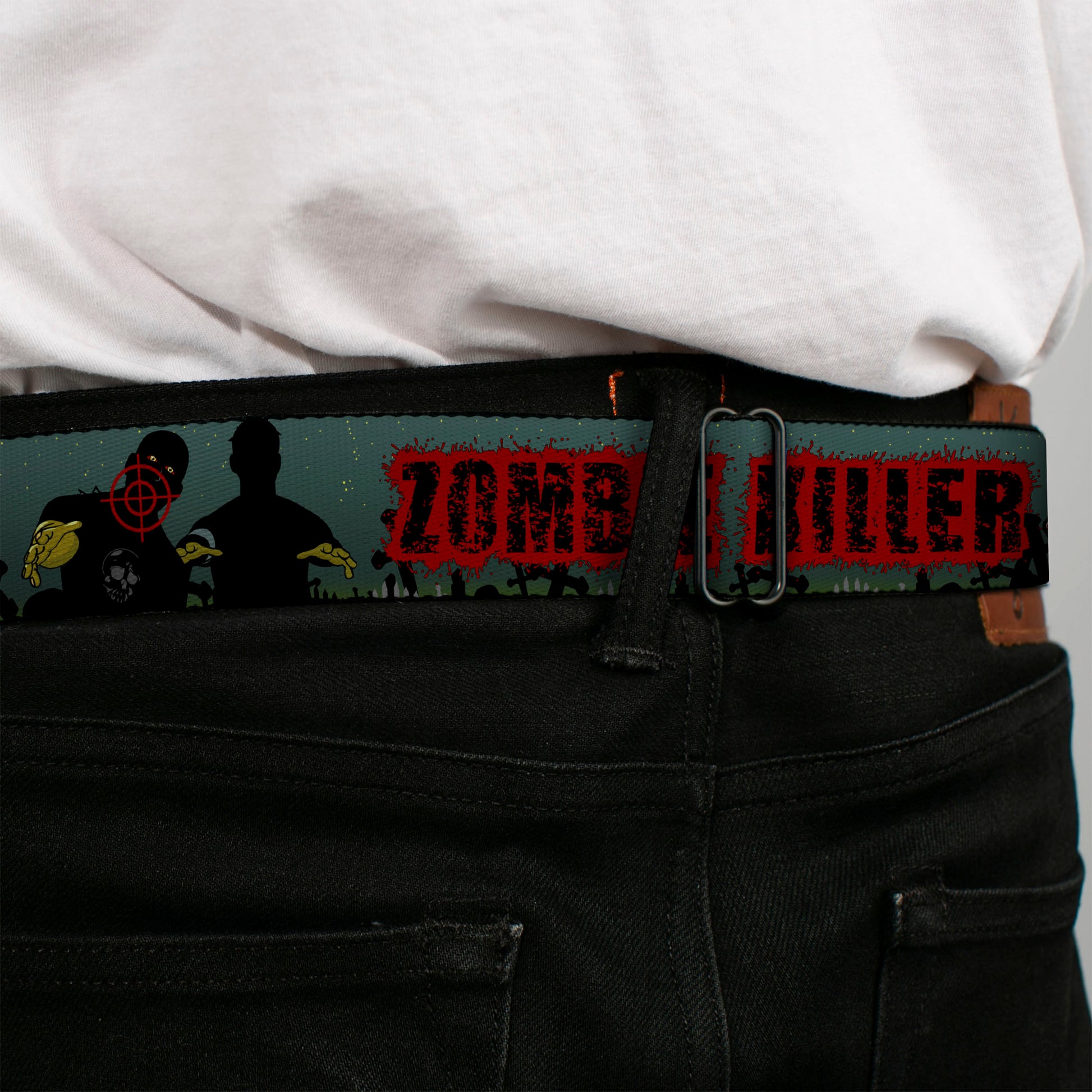 BD Wings Logo CLOSE-UP Full Color Black Silver Seatbelt Belt - ZOMBIE KILLER Zombie March Green/Red/Black Webbing Seatbelt Belts Buckle-Down