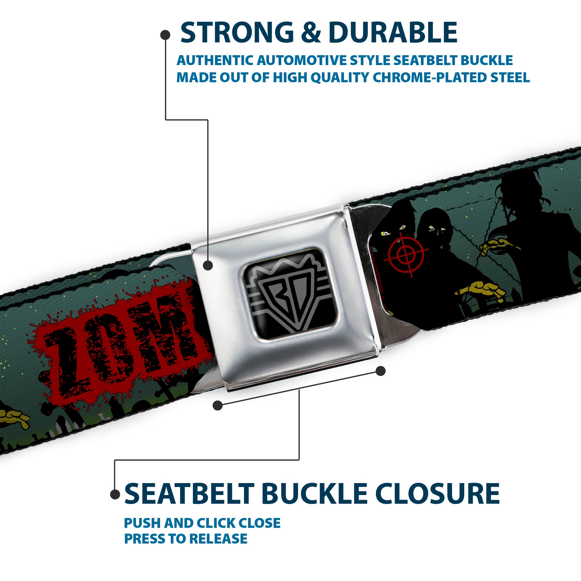 BD Wings Logo CLOSE-UP Full Color Black Silver Seatbelt Belt - ZOMBIE KILLER Zombie March Green/Red/Black Webbing Seatbelt Belts Buckle-Down