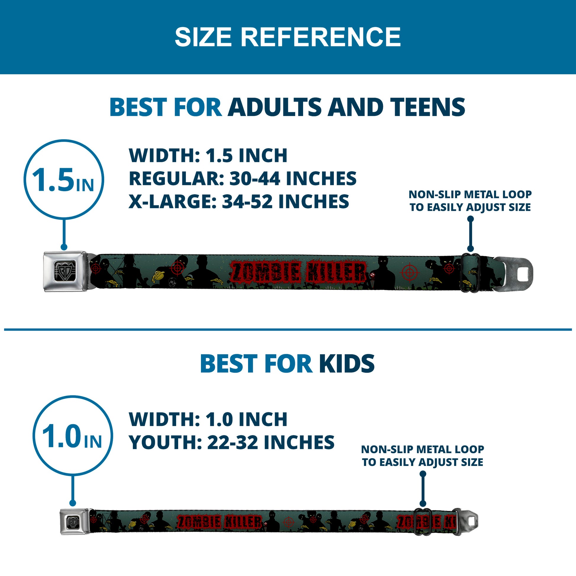 BD Wings Logo CLOSE-UP Full Color Black Silver Seatbelt Belt - ZOMBIE KILLER Zombie March Green/Red/Black Webbing Seatbelt Belts Buckle-Down