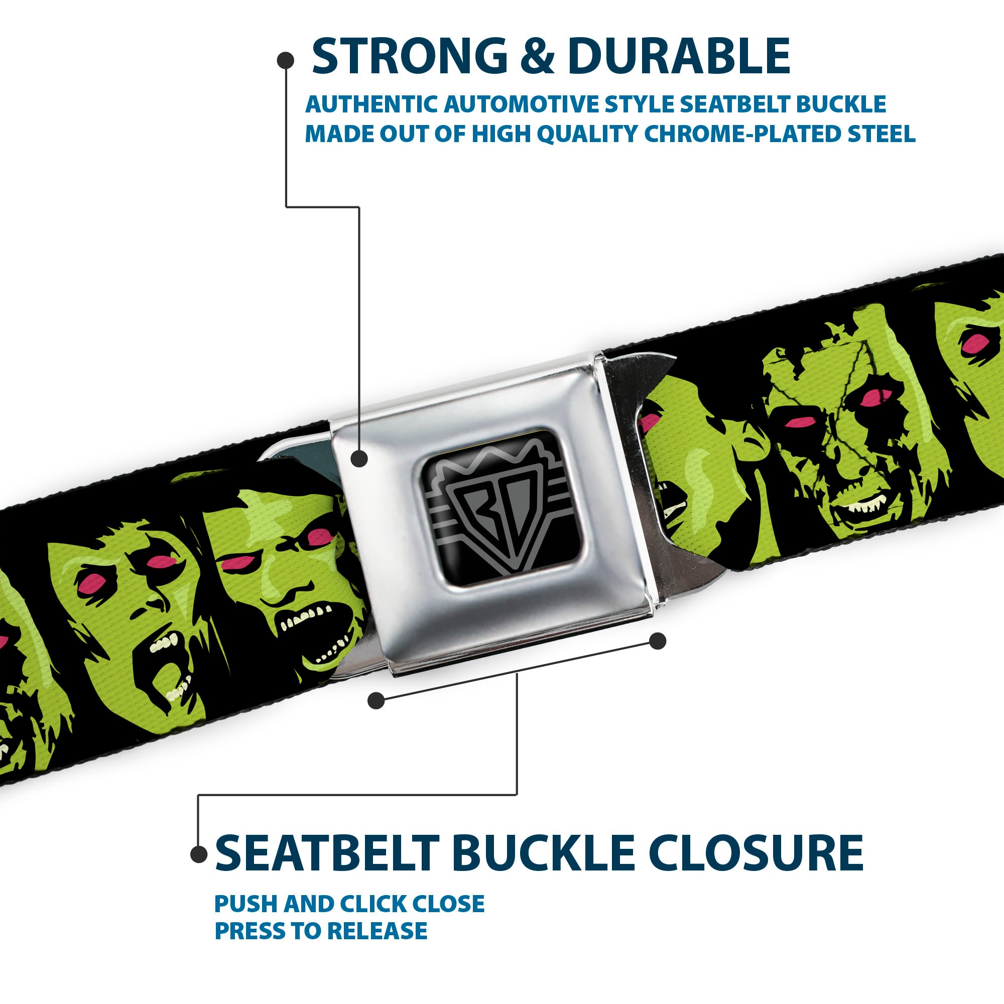 BD Wings Logo CLOSE-UP Full Color Black Silver Seatbelt Belt - Zombie Expressions Black/Green/Red Webbing Seatbelt Belts Buckle-Down