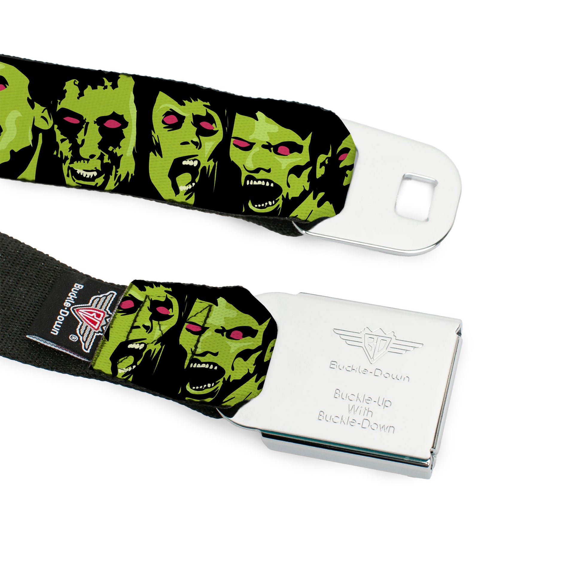 BD Wings Logo CLOSE-UP Full Color Black Silver Seatbelt Belt - Zombie Expressions Black/Green/Red Webbing Seatbelt Belts Buckle-Down