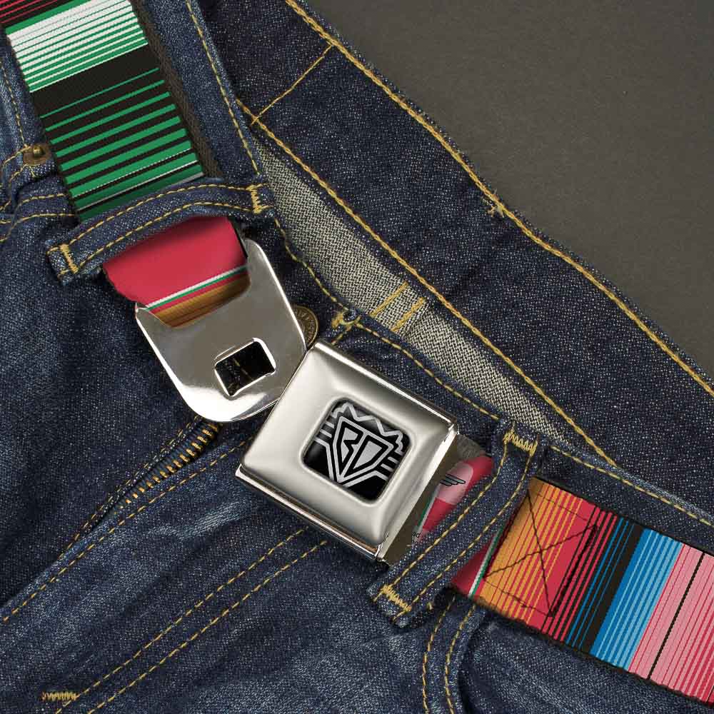 BD Wings Logo CLOSE-UP Full Color Black Silver Seatbelt Belt - Zarape5 Vertical Multi Color Stripe Webbing Seatbelt Belts Buckle-Down