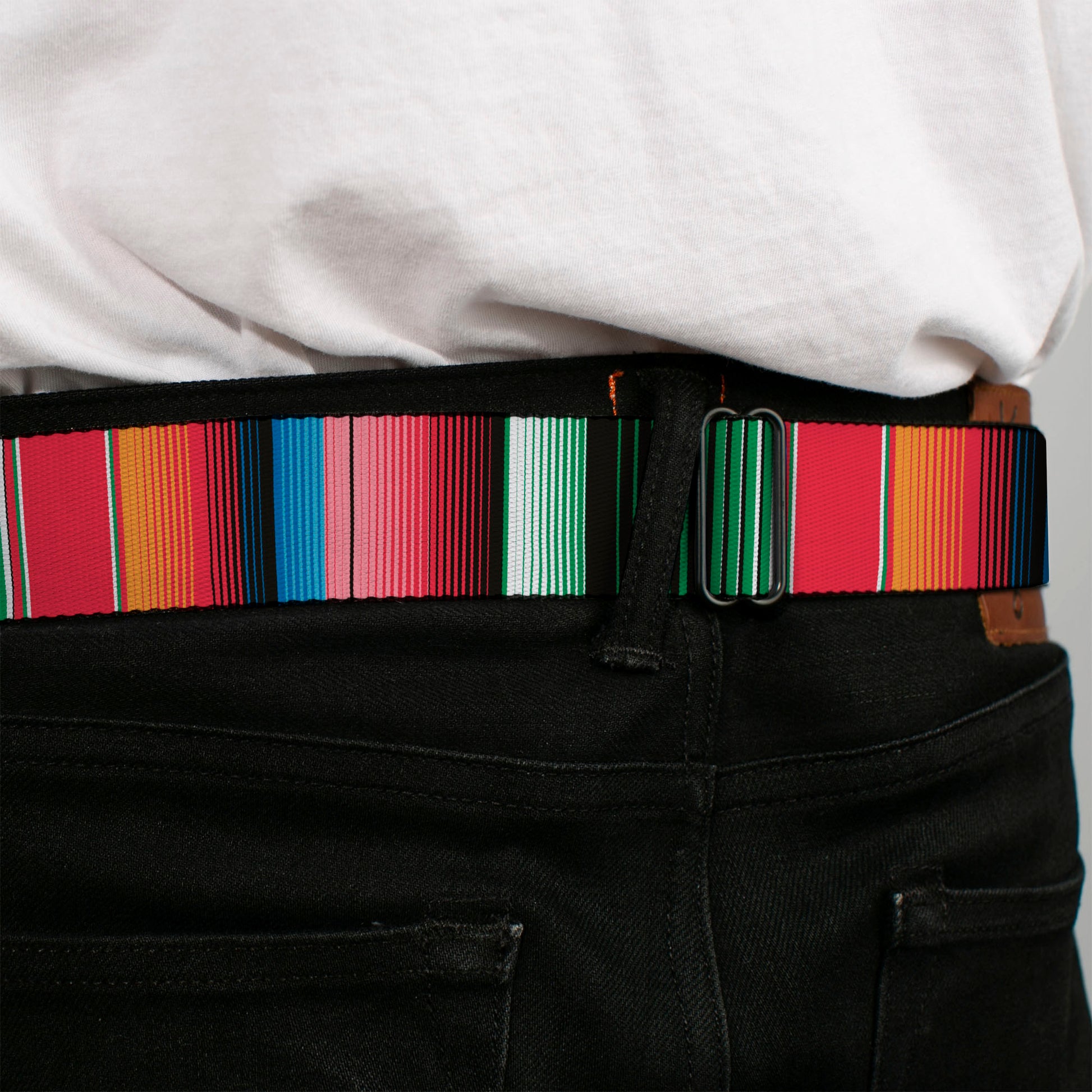 BD Wings Logo CLOSE-UP Full Color Black Silver Seatbelt Belt - Zarape5 Vertical Multi Color Stripe Webbing Seatbelt Belts Buckle-Down
