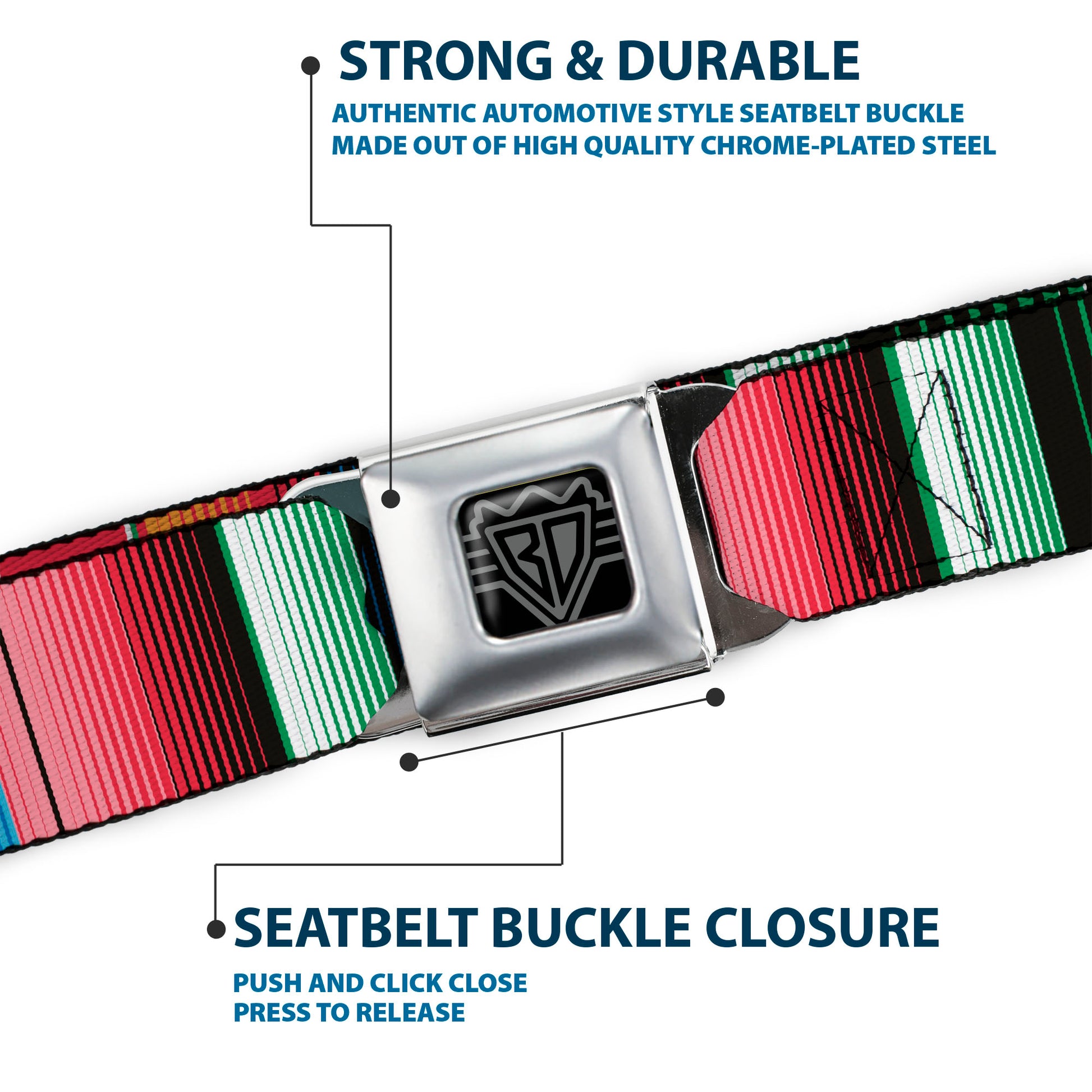 BD Wings Logo CLOSE-UP Full Color Black Silver Seatbelt Belt - Zarape5 Vertical Multi Color Stripe Webbing Seatbelt Belts Buckle-Down