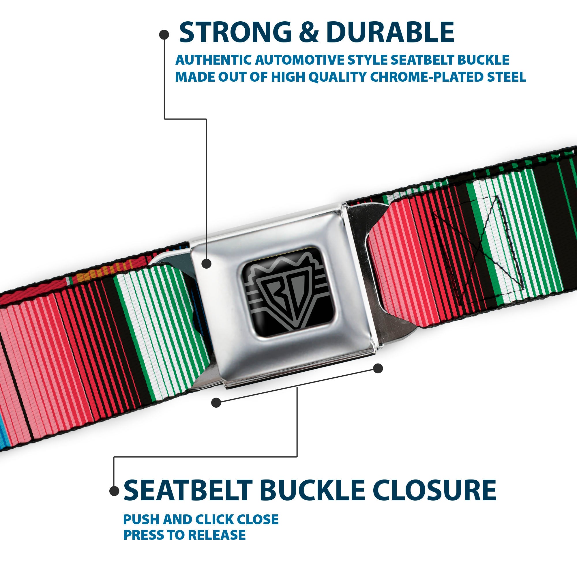 BD Wings Logo CLOSE-UP Full Color Black Silver Seatbelt Belt - Zarape5 Vertical Multi Color Stripe Webbing Seatbelt Belts Buckle-Down