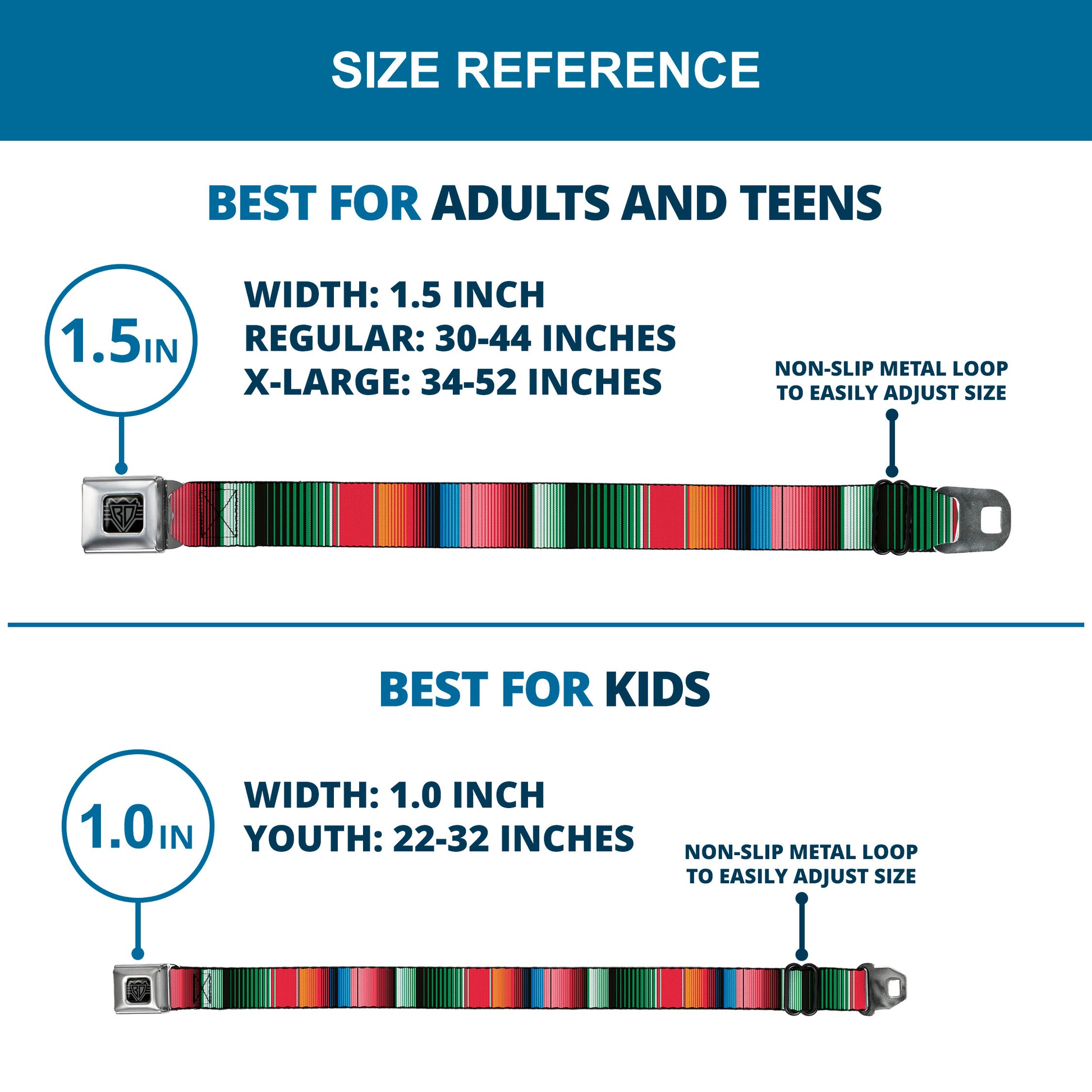 BD Wings Logo CLOSE-UP Full Color Black Silver Seatbelt Belt - Zarape5 Vertical Multi Color Stripe Webbing Seatbelt Belts Buckle-Down