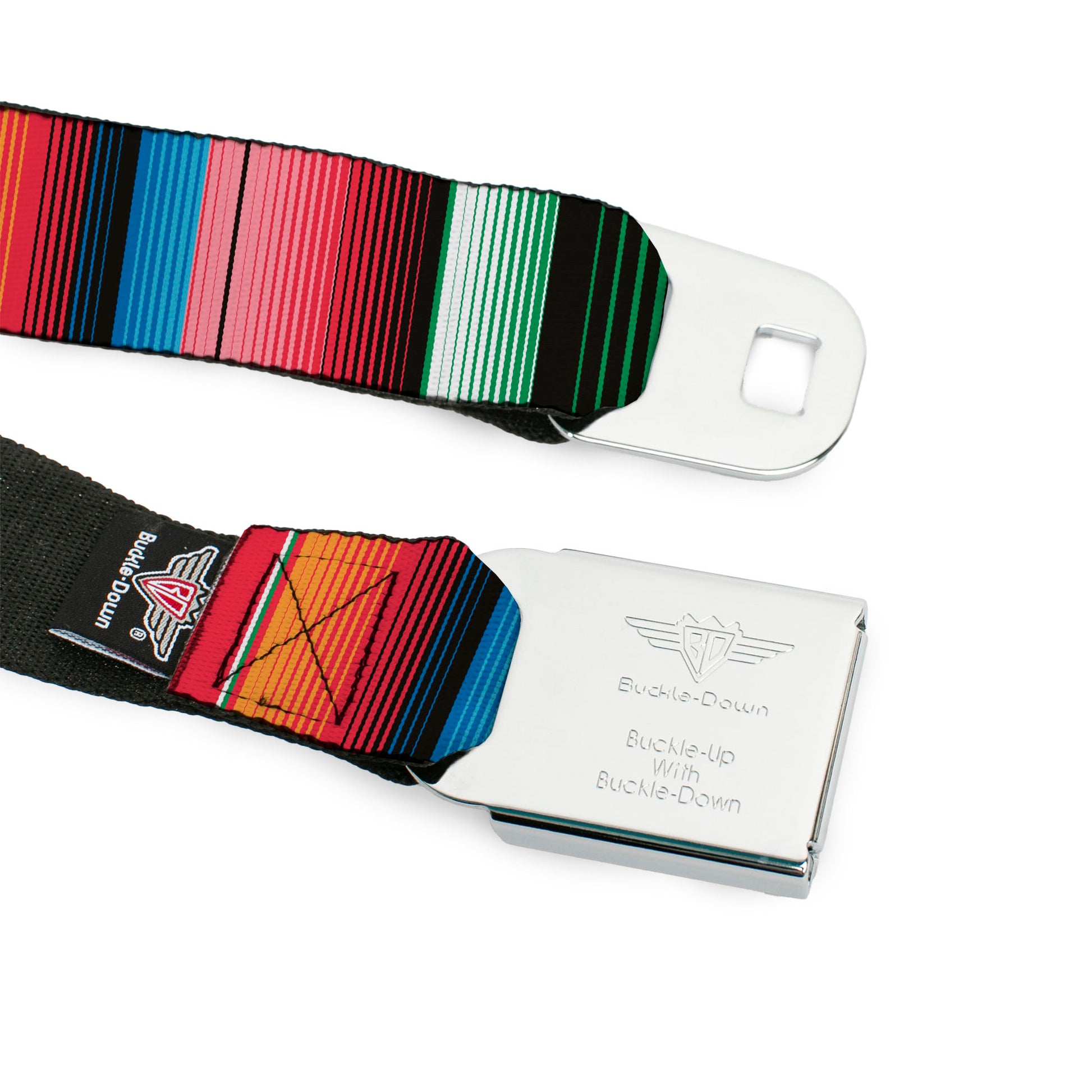 BD Wings Logo CLOSE-UP Full Color Black Silver Seatbelt Belt - Zarape5 Vertical Multi Color Stripe Webbing Seatbelt Belts Buckle-Down