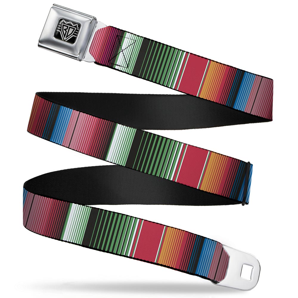 BD Wings Logo CLOSE-UP Full Color Black Silver Seatbelt Belt - Zarape5 Vertical Multi Color Stripe Webbing Seatbelt Belts Buckle-Down