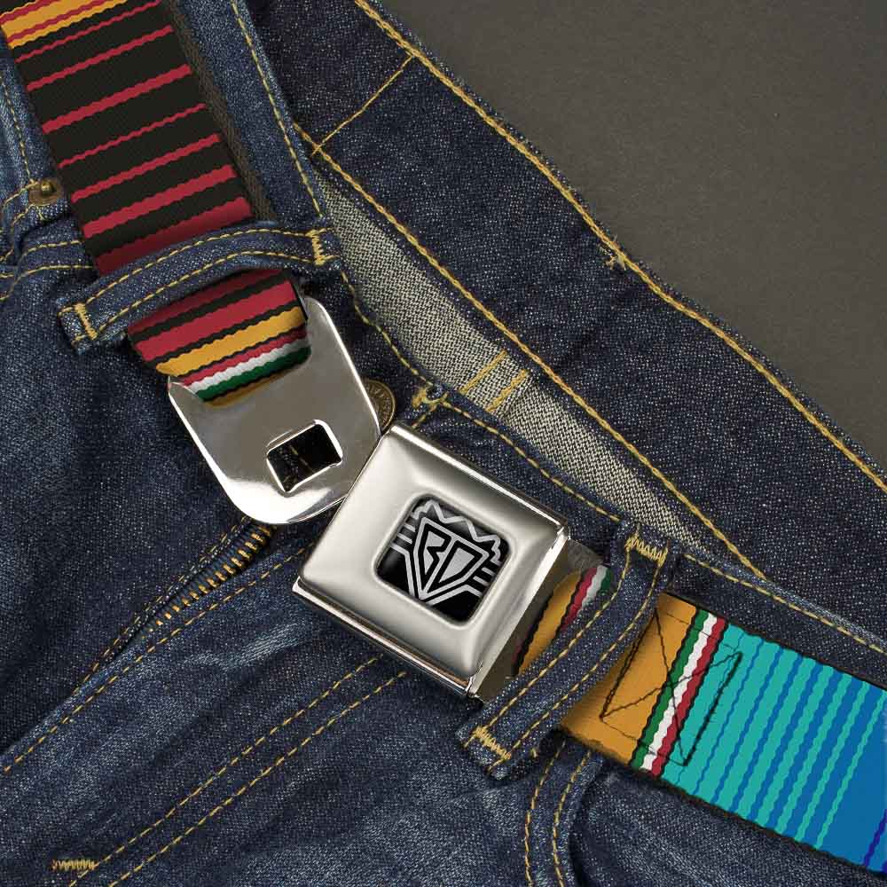 BD Wings Logo CLOSE-UP Full Color Black Silver Seatbelt Belt - Zarape6 Vertical Stripe Gold/Blues/Black/Red Webbing Seatbelt Belts Buckle-Down