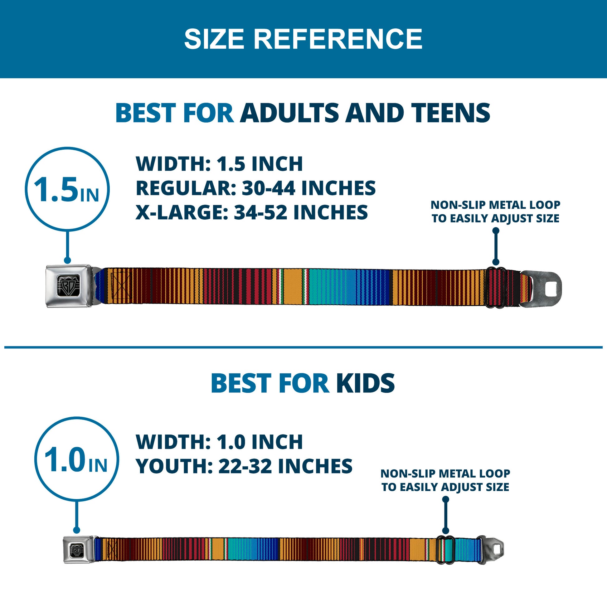 BD Wings Logo CLOSE-UP Full Color Black Silver Seatbelt Belt - Zarape6 Vertical Stripe Gold/Blues/Black/Red Webbing Seatbelt Belts Buckle-Down