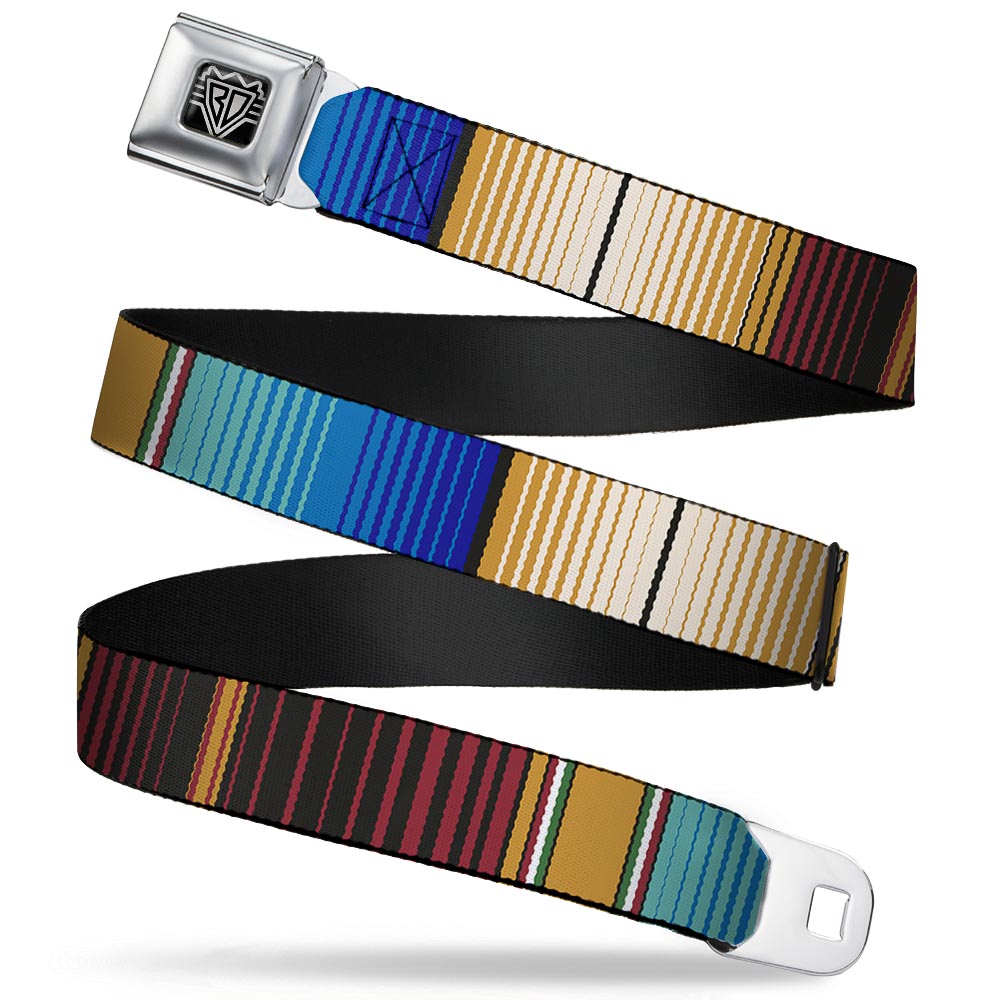 BD Wings Logo CLOSE-UP Full Color Black Silver Seatbelt Belt - Zarape6 Vertical Stripe Gold/Blues/Black/Red Webbing Seatbelt Belts Buckle-Down