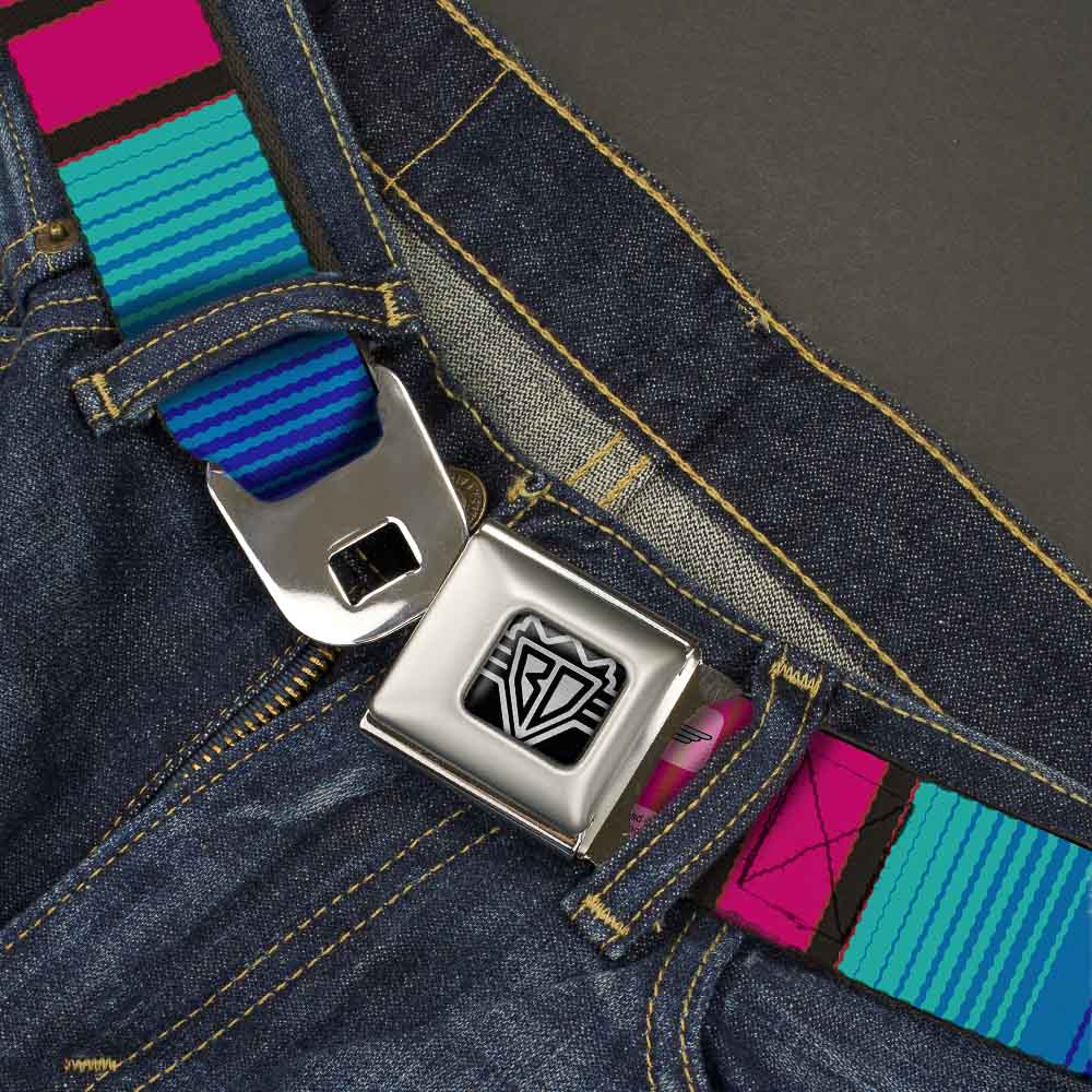 BD Wings Logo CLOSE-UP Full Color Black Silver Seatbelt Belt - Zarape7 Vertical Pinks/Blues/Greens/Black Webbing Seatbelt Belts Buckle-Down