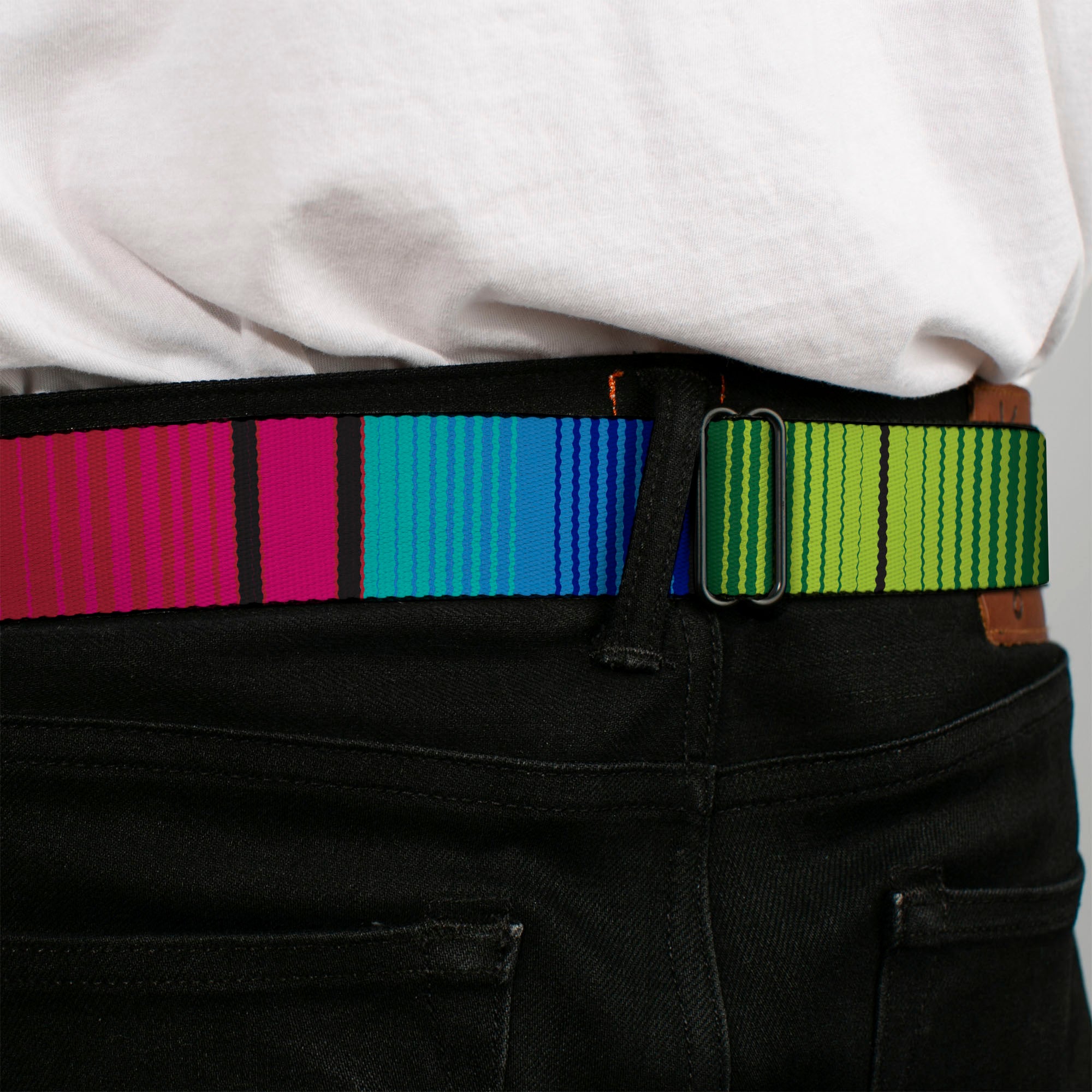 BD Wings Logo CLOSE-UP Full Color Black Silver Seatbelt Belt - Zarape7 Vertical Pinks/Blues/Greens/Black Webbing Seatbelt Belts Buckle-Down
