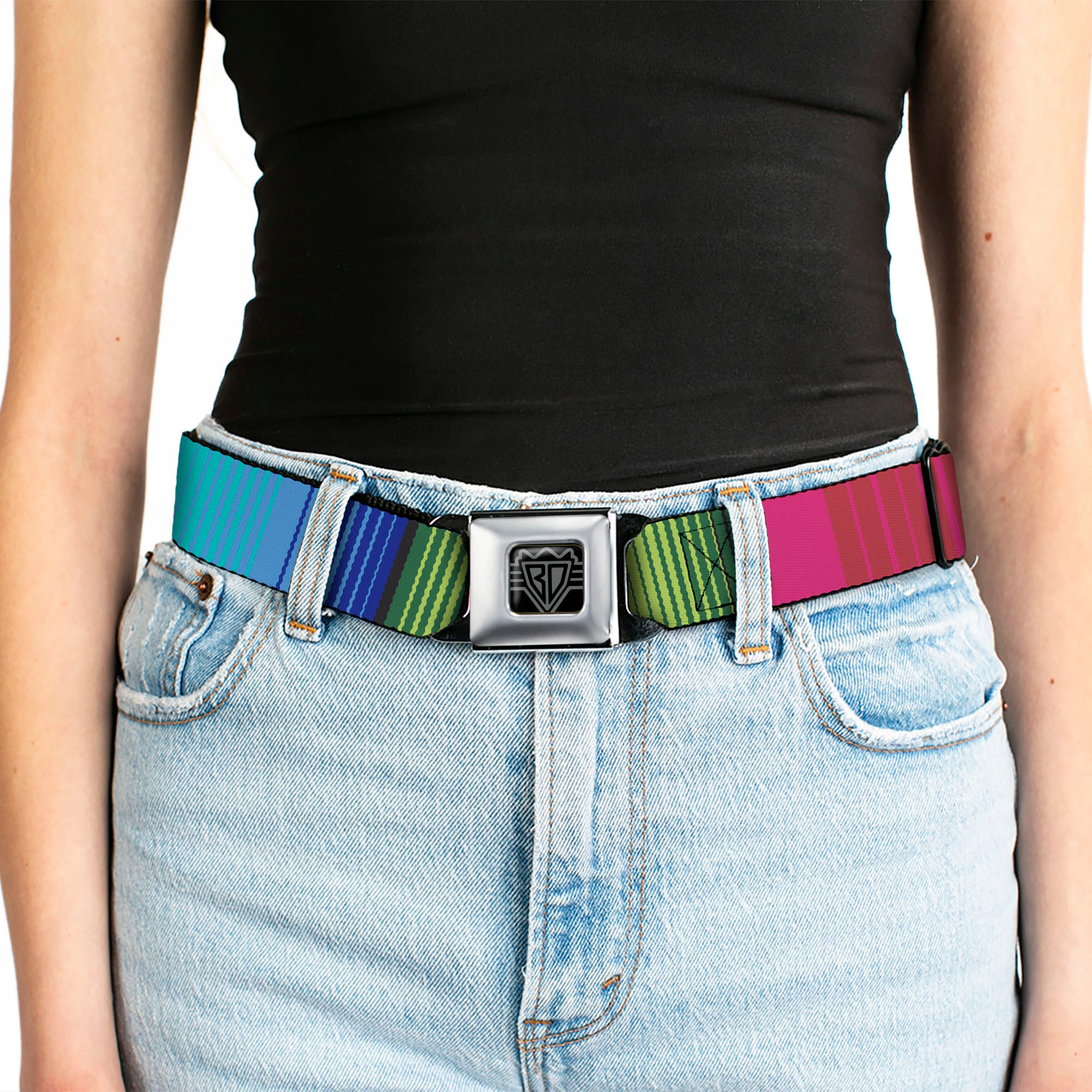 BD Wings Logo CLOSE-UP Full Color Black Silver Seatbelt Belt - Zarape7 Vertical Pinks/Blues/Greens/Black Webbing Seatbelt Belts Buckle-Down