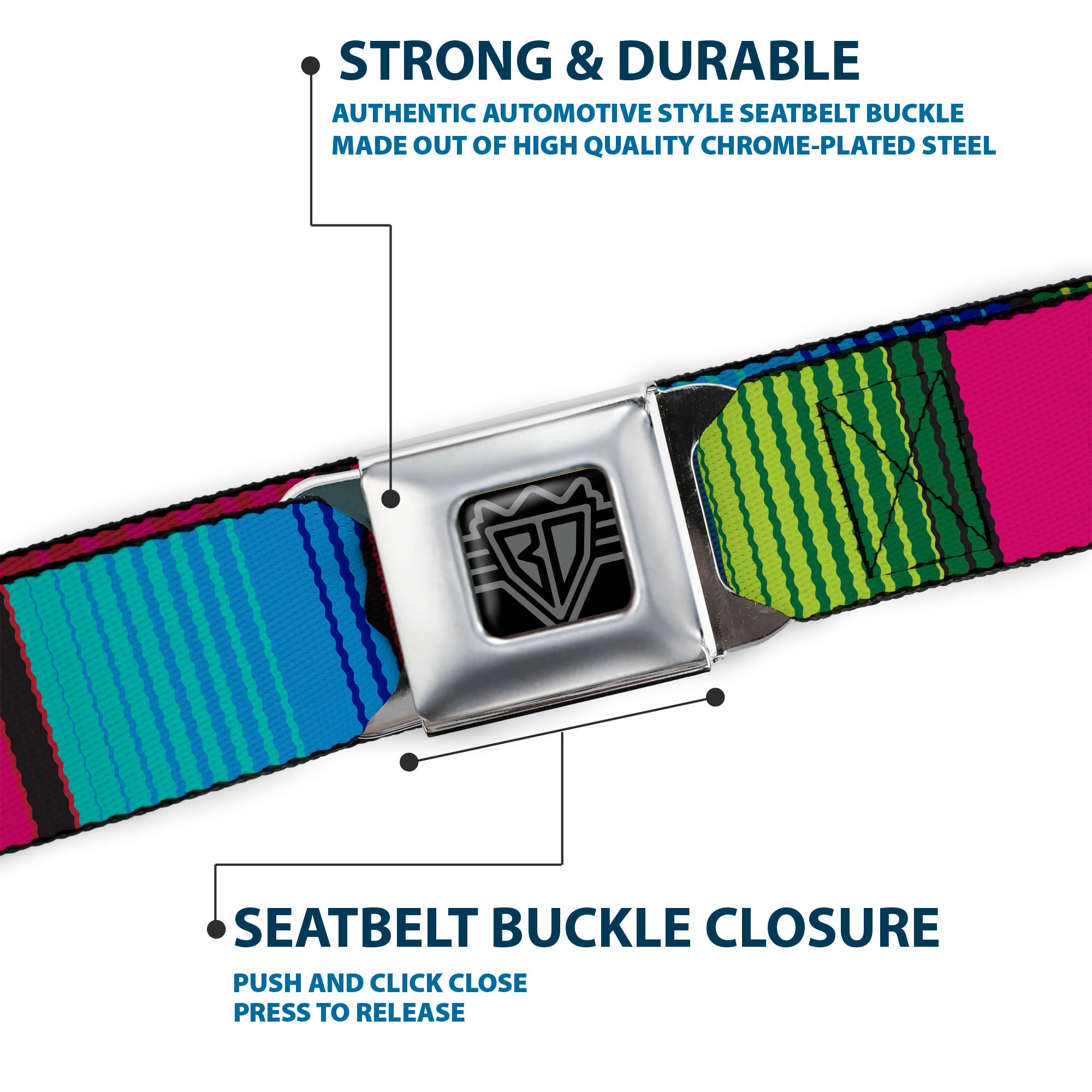BD Wings Logo CLOSE-UP Full Color Black Silver Seatbelt Belt - Zarape7 Vertical Pinks/Blues/Greens/Black Webbing Seatbelt Belts Buckle-Down