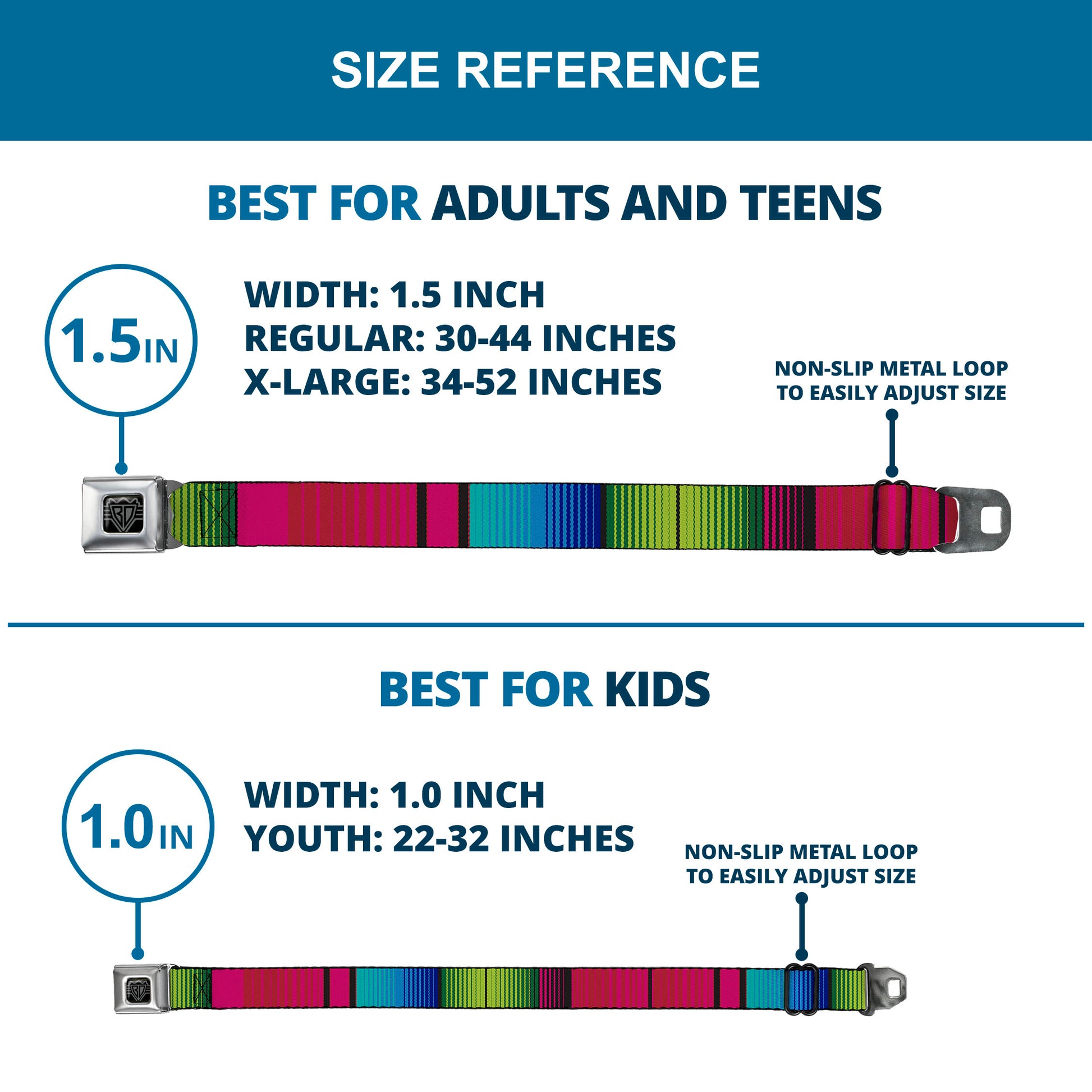 BD Wings Logo CLOSE-UP Full Color Black Silver Seatbelt Belt - Zarape7 Vertical Pinks/Blues/Greens/Black Webbing Seatbelt Belts Buckle-Down