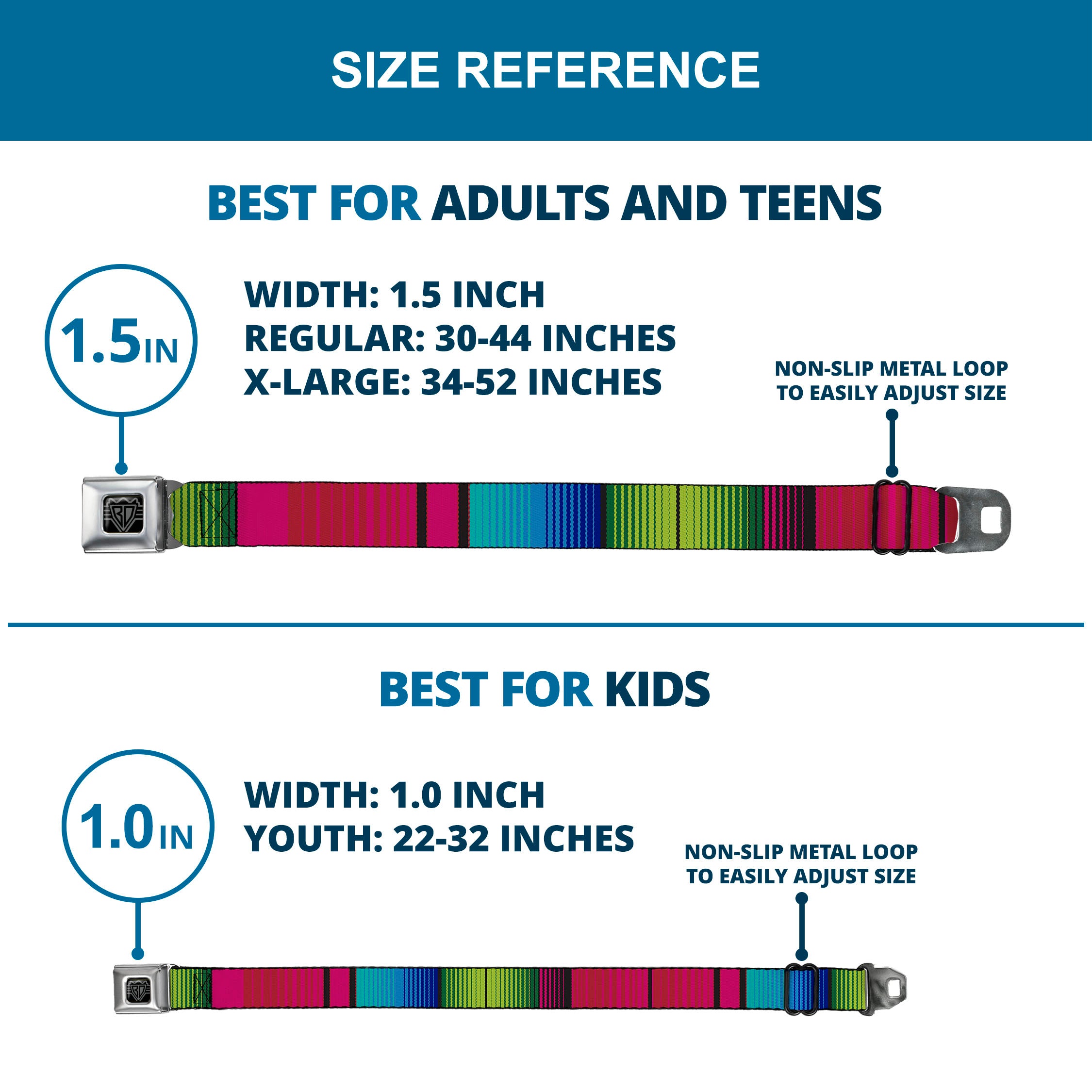 BD Wings Logo CLOSE-UP Full Color Black Silver Seatbelt Belt - Zarape7 Vertical Pinks/Blues/Greens/Black Webbing Seatbelt Belts Buckle-Down