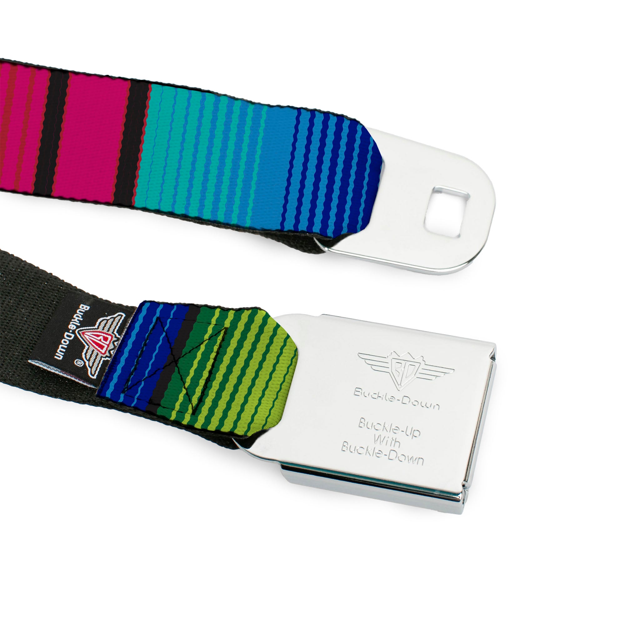 BD Wings Logo CLOSE-UP Full Color Black Silver Seatbelt Belt - Zarape7 Vertical Pinks/Blues/Greens/Black Webbing Seatbelt Belts Buckle-Down