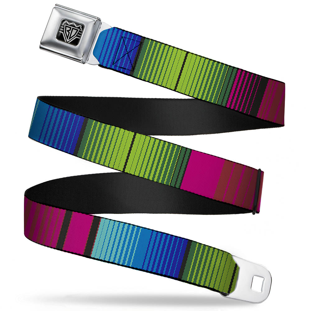 BD Wings Logo CLOSE-UP Full Color Black Silver Seatbelt Belt - Zarape7 Vertical Pinks/Blues/Greens/Black Webbing Seatbelt Belts Buckle-Down