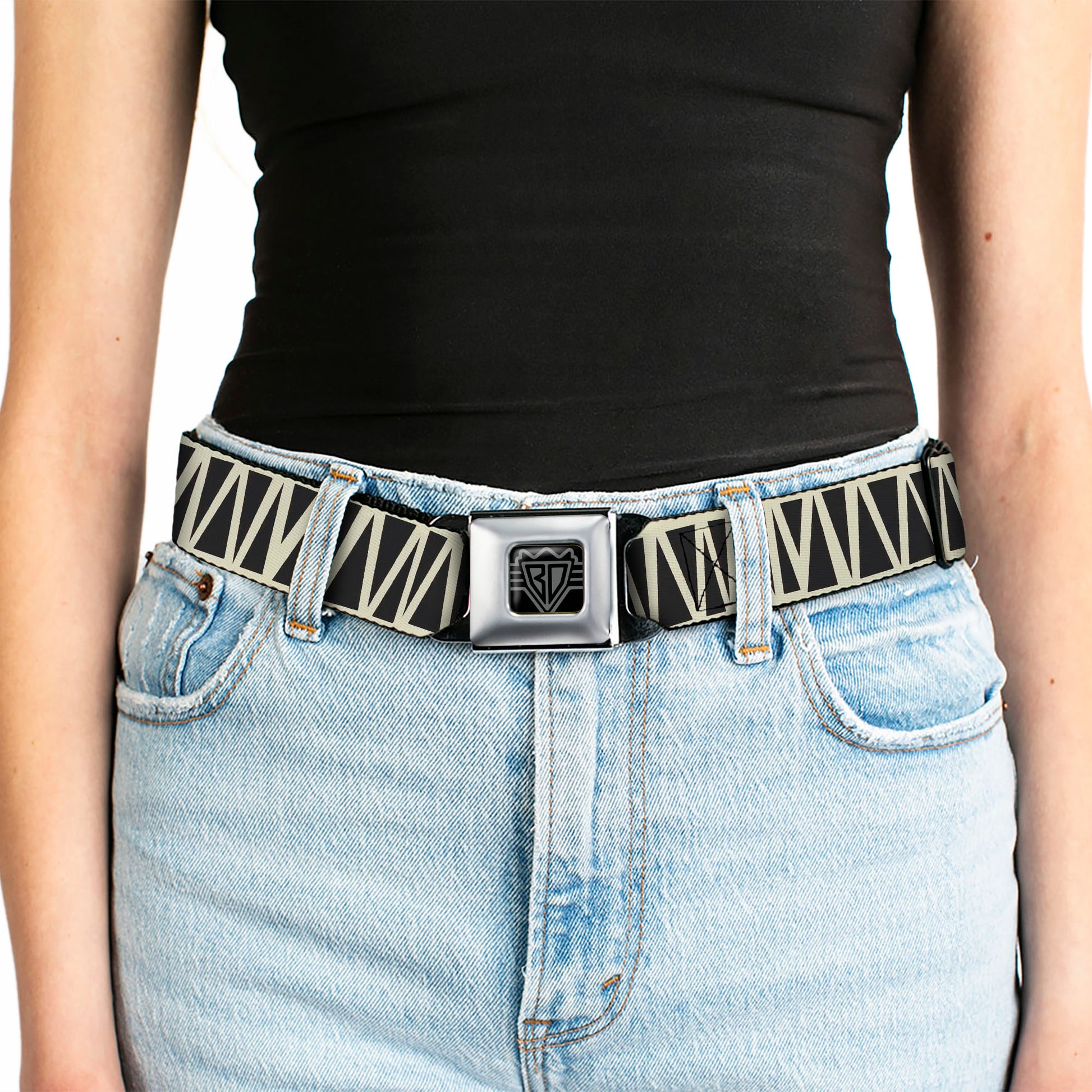 BD Wings Logo CLOSE-UP Full Color Black Silver Seatbelt Belt - Zig Zag Doodle Cream/Black Webbing Seatbelt Belts Buckle-Down