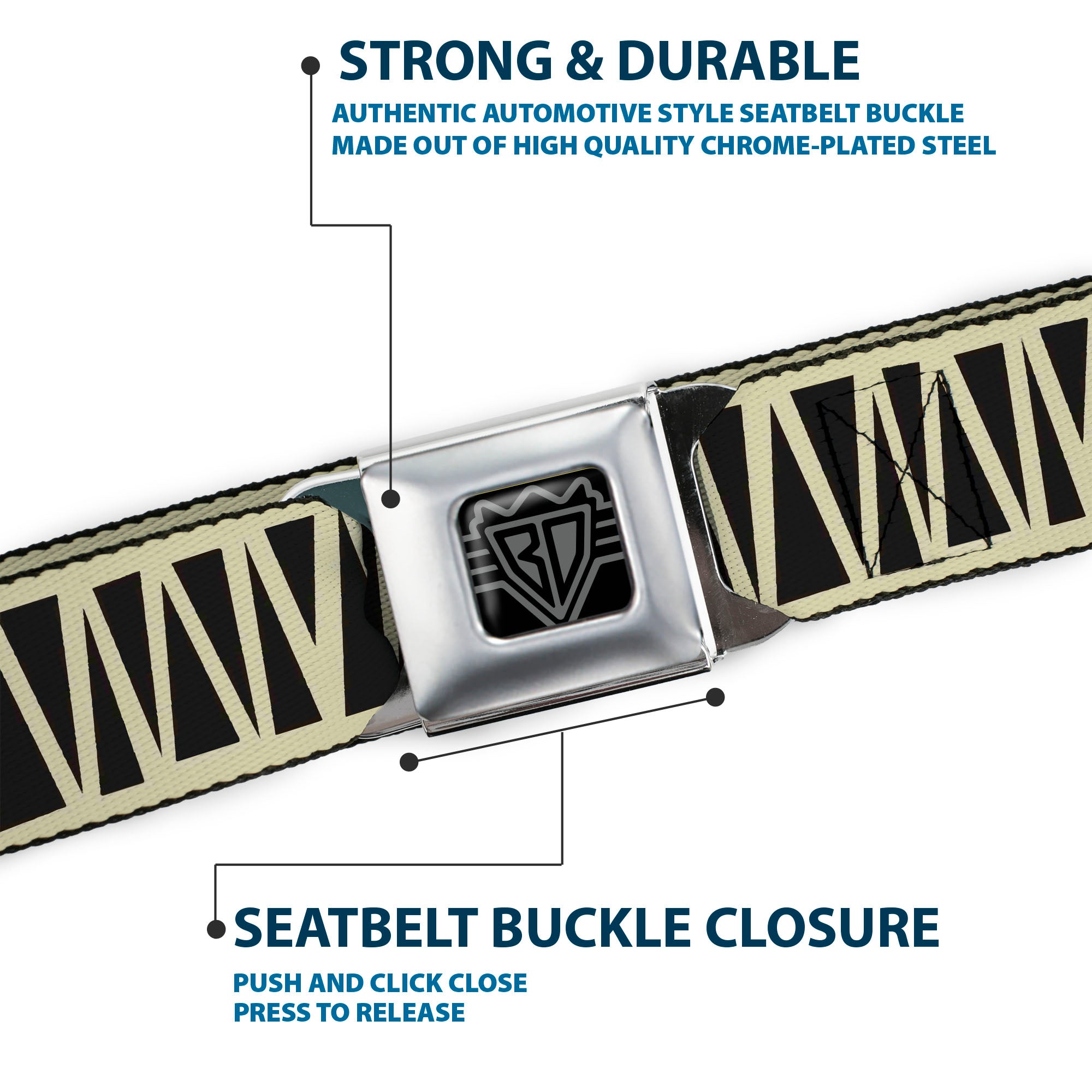 BD Wings Logo CLOSE-UP Full Color Black Silver Seatbelt Belt - Zig Zag Doodle Cream/Black Webbing Seatbelt Belts Buckle-Down