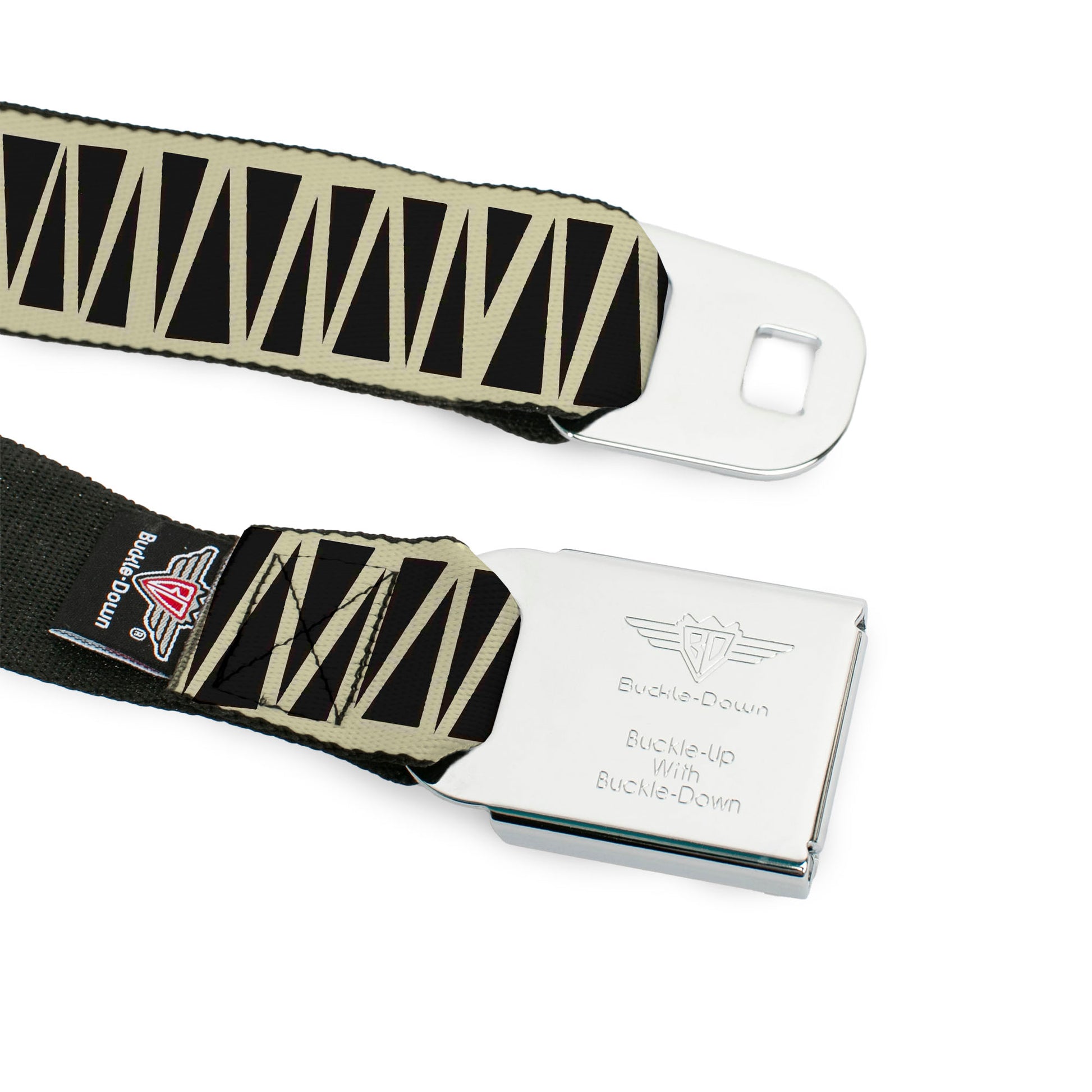 BD Wings Logo CLOSE-UP Full Color Black Silver Seatbelt Belt - Zig Zag Doodle Cream/Black Webbing Seatbelt Belts Buckle-Down