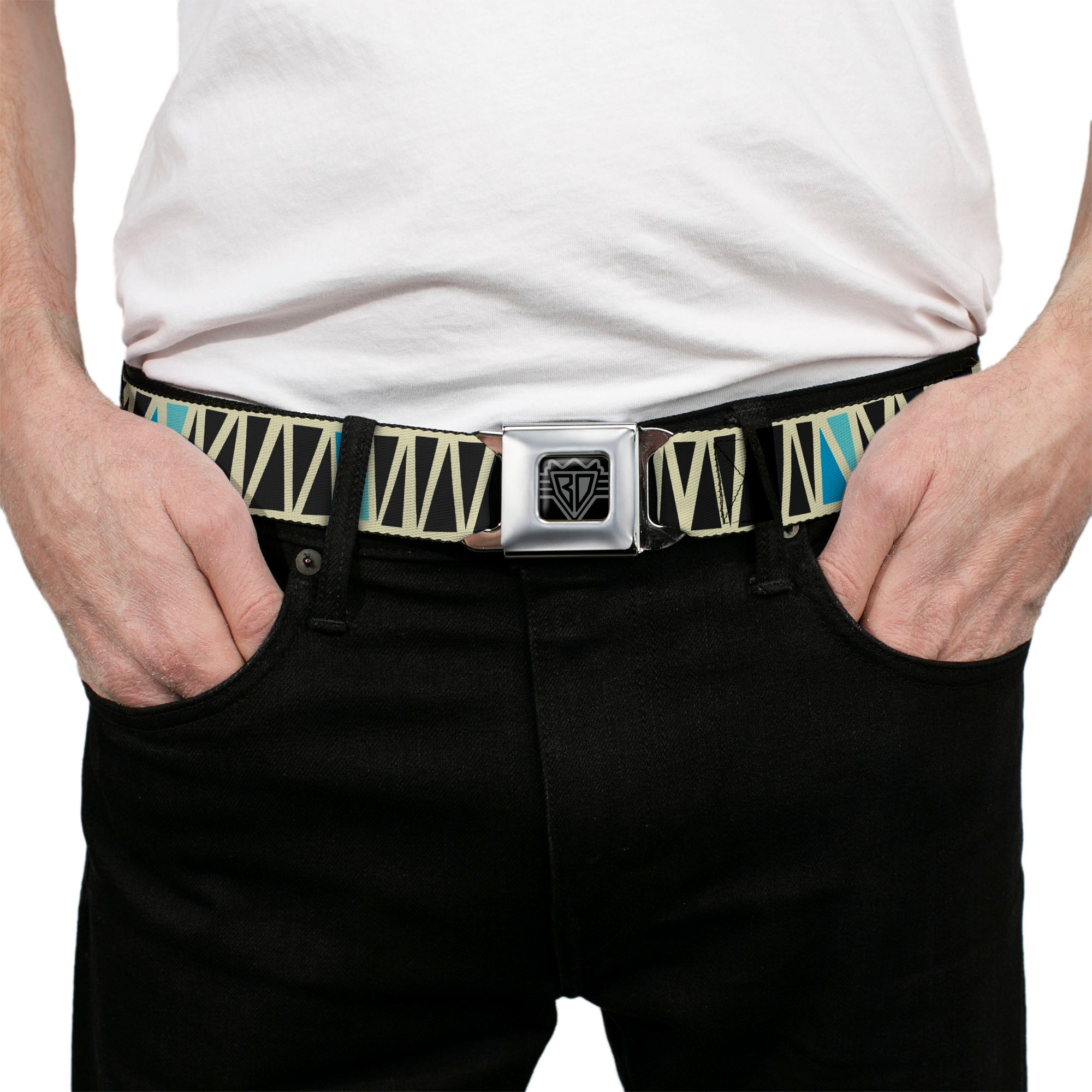 BD Wings Logo CLOSE-UP Full Color Black Silver Seatbelt Belt - Zig Zag Doodle Cream/Black/Blues Webbing Seatbelt Belts Buckle-Down